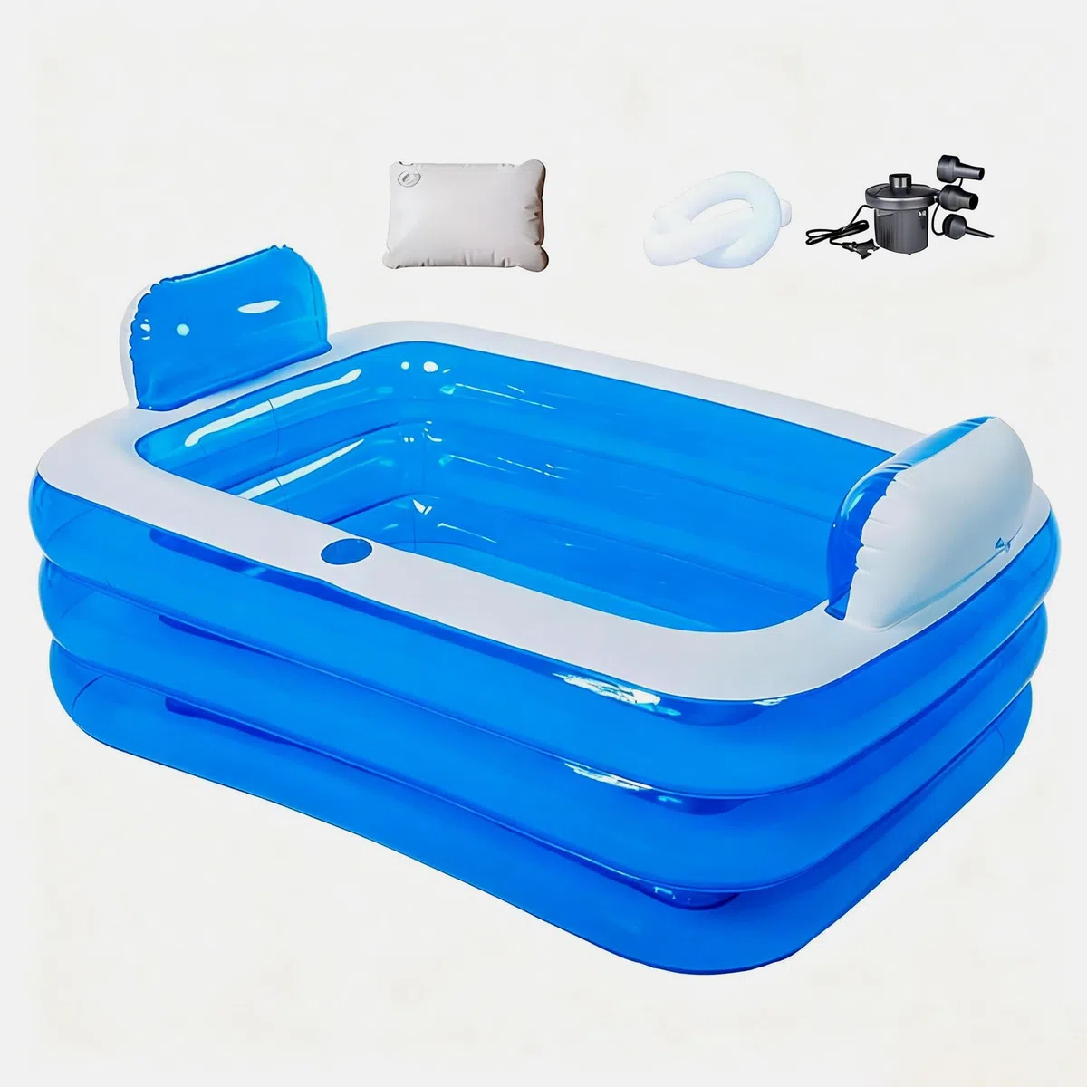 Vasca doppia gonfiabile con pompa d'aria elettrica e tappetino da bagno, vasca portatile per adulti, vasca idromassaggio pieghevole autoportante con portabicchieri di drenaggio