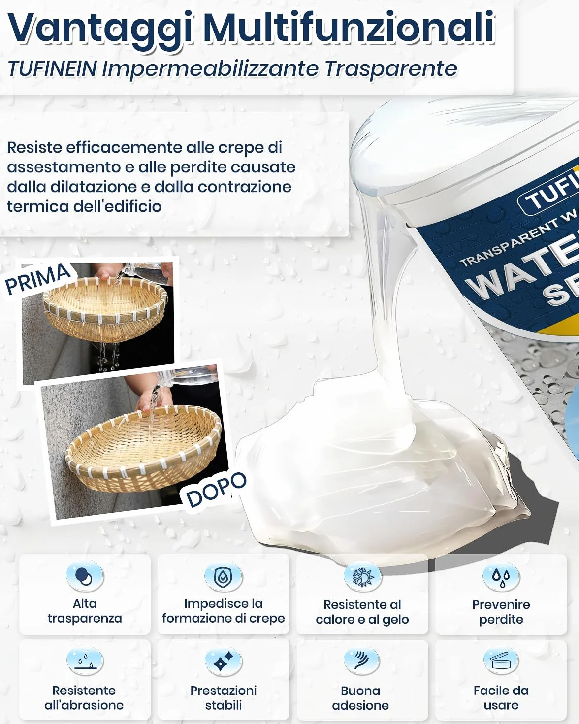Sigillante Isolante Impermeabile, 2KG Trasparente Sigillante Impermeabile Liquido, Interno ed Esterno Colla Impermeabile, Impermeabilizzante Trasparente Guarnizione di Perdite