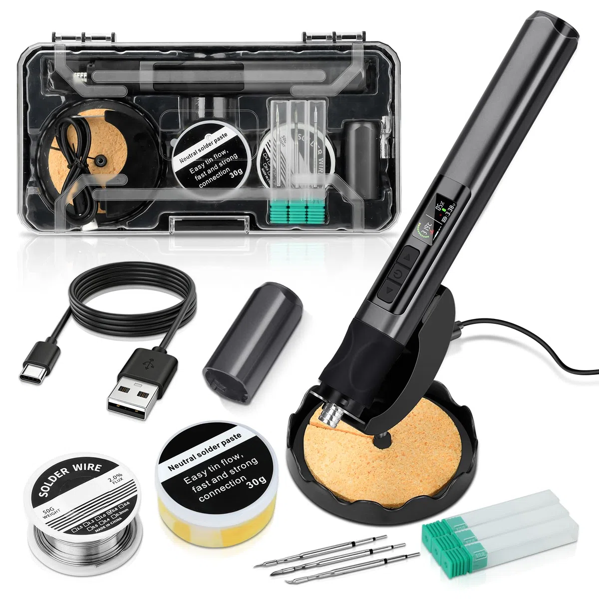 Saldatore USB da 75 W con luce LED, kit di saldatore senza fili 2S riscaldamento rapido, temperatura regolabile 150-480 ℃, Type-C e dock ricaricabile, display a LED, Auto Sleep per riparazione