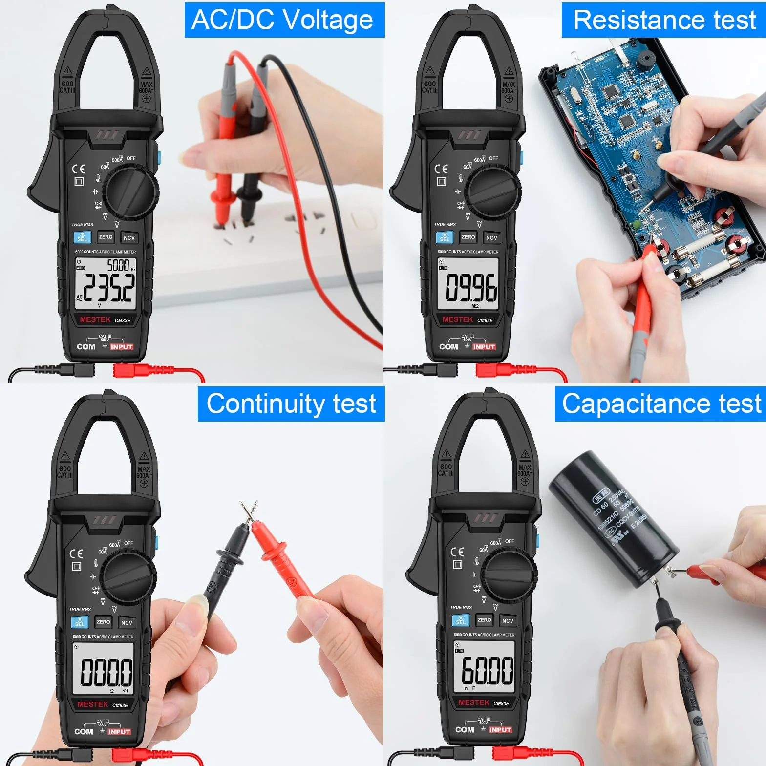 Pinza Amperometrica MESTEK Digitale Multimetro AC DC Professionale T-RMS Auto-Ranging 6000 conteggi Capacità Diodo NCV LoZ VFD