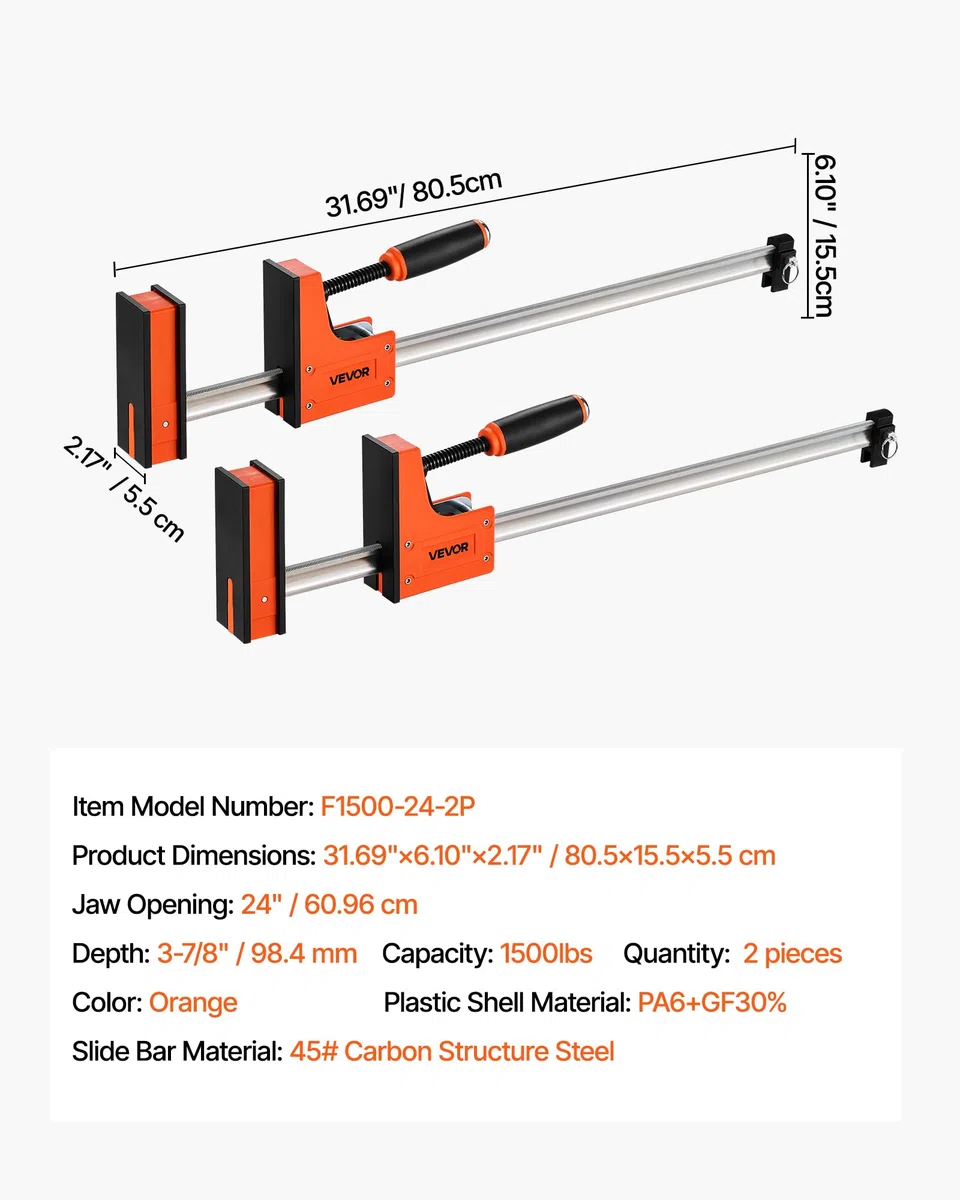 VEVOR Morsetti a Barra per Lavorazione del Legno, 2 Pezzi, Morsetti a F da 60,96 cm con Limite di Carico di 680 kg Pressione Uniforme, Plastica ad Alta Resistenza e Acciaio al Carbonio, Arancione
