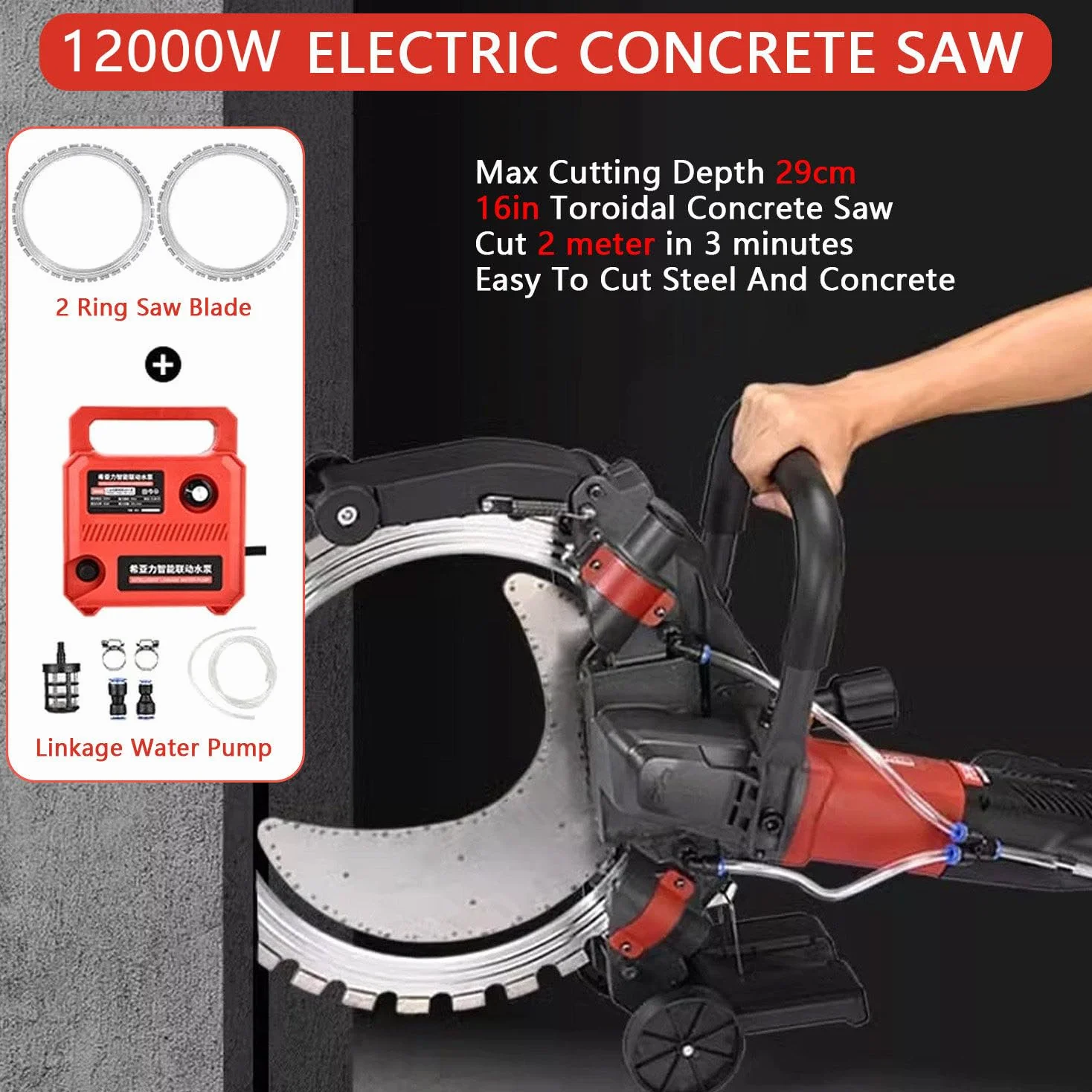 16″ Sega Elettrica Toroidale per Calcestruzzo, Soppressione Della Polvere Alimentata Ad Acqua, 9500W Sega per Taglio Calcestruzzo, Sega Ad Anello per Calcestruzzo, Per Granito Pietra,Brushless
