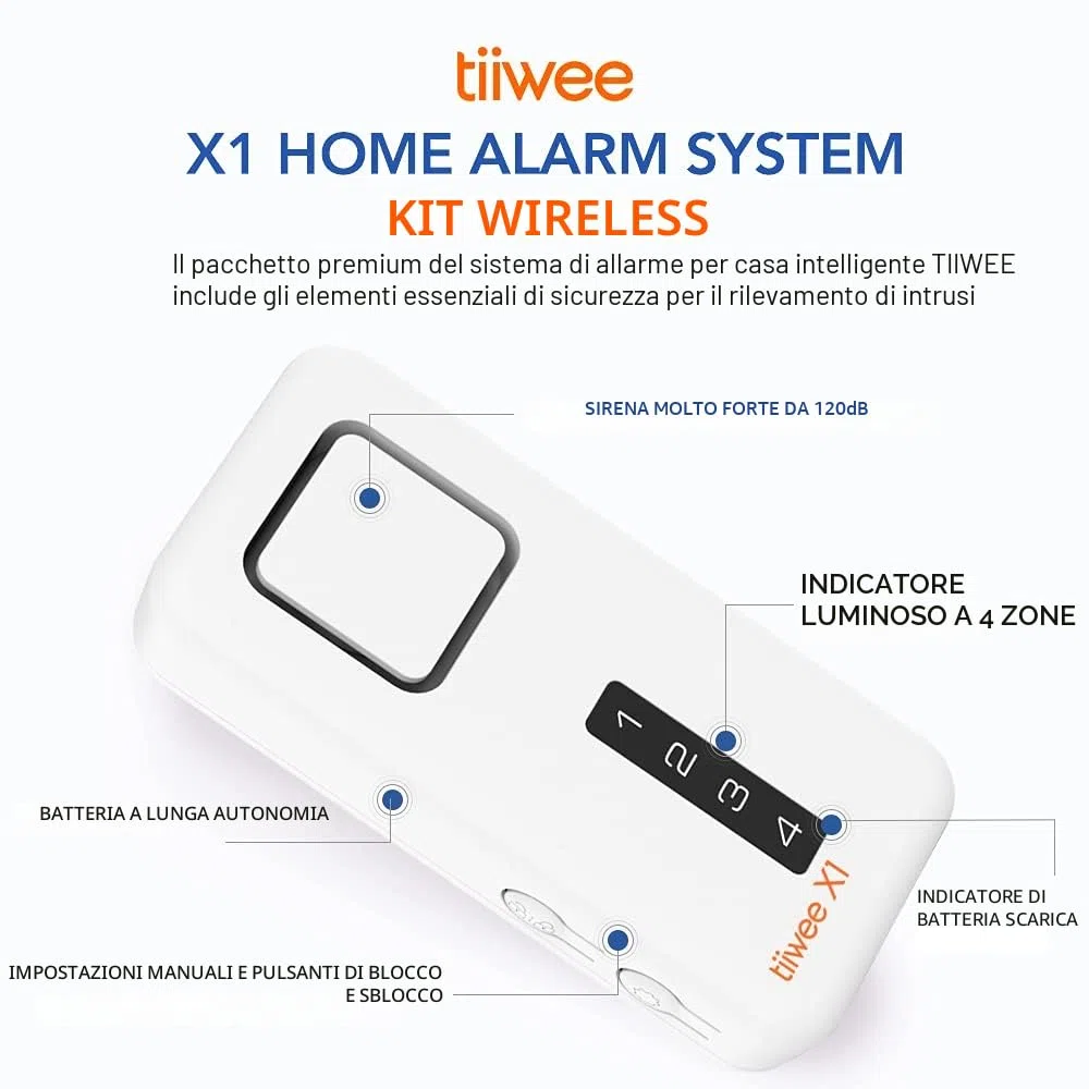 tiiwee Sistema di Allarme per Porte e Finestre - Sistema di Sicurezza con Potente Sirena, 1 Rilevatore di Movimento, 2 Sensori per Porte e Finestre e 2 Telecomandi