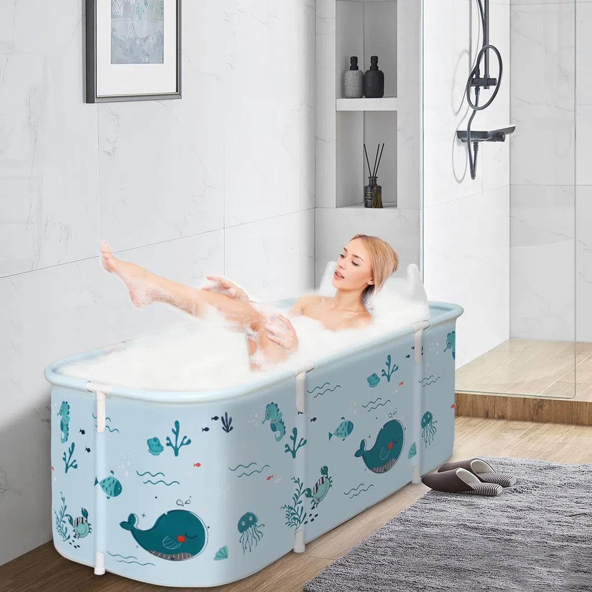 Vasca da bagno pieghevole, vasca da bagno portatile a 3 strati, vasca da bagno in PVC per adulti e bambini (Animato-140cm)