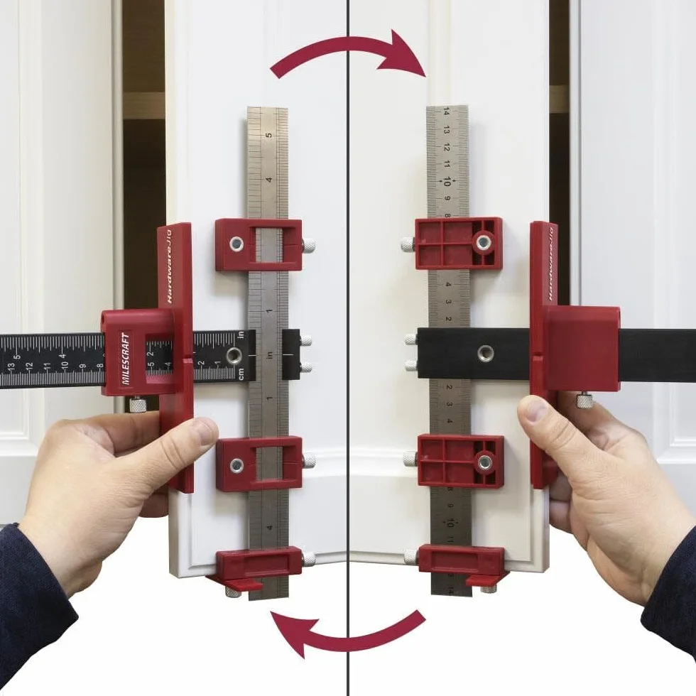 Milescraft 1340 Hardware Jig - Guida per trapano regolabile per installare rapidamente maniglie di armadio/cassetto, manopole e tiri. Modello hardware per armadietti, maschera guida foratura legno,