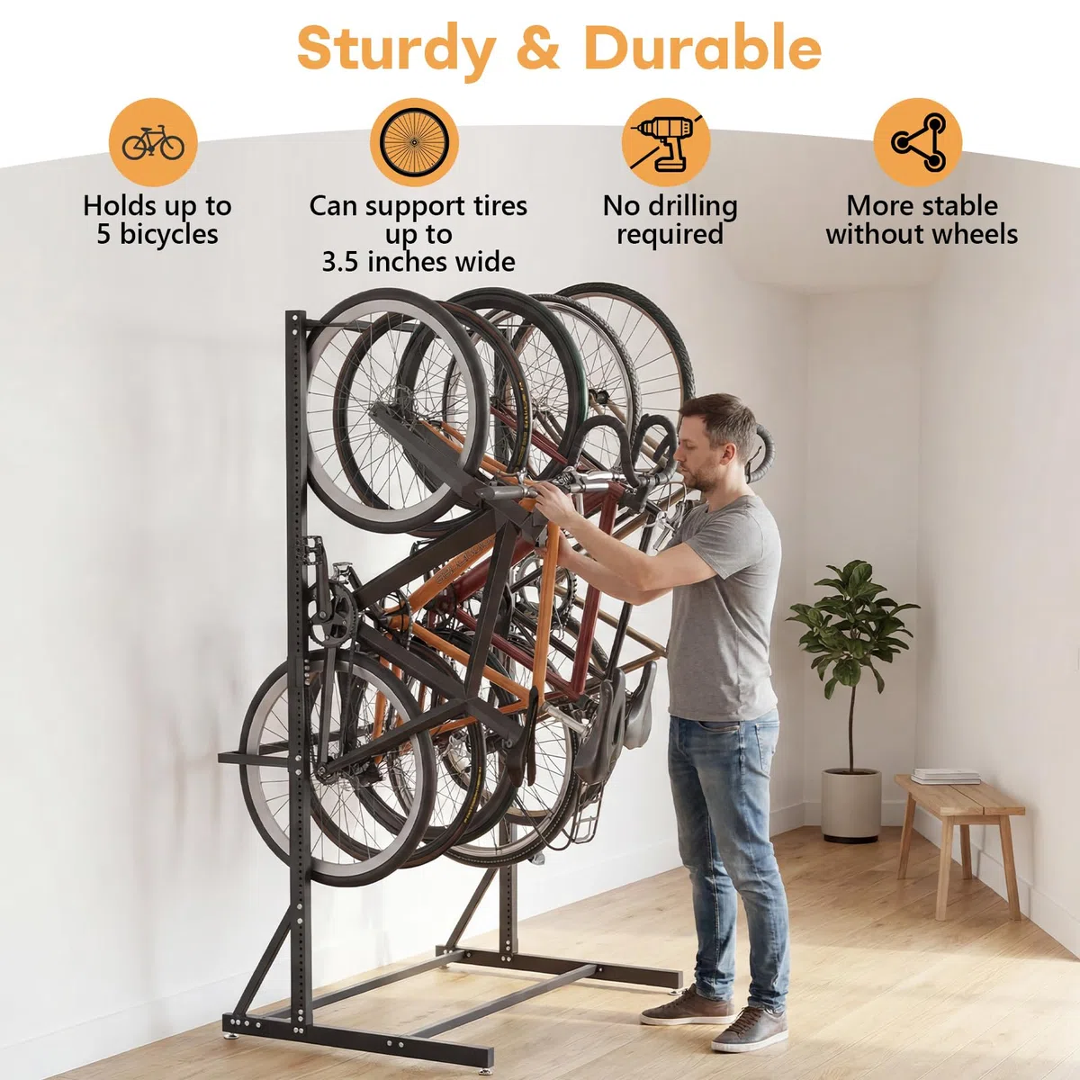 Portabici Garage per 5 Biciclette, Portabici Verticale in Acciaio al Carbonio Capacità di Carico max 136 kg, Portabici da Terra Universale per Rangement Casa, Interno o Garage