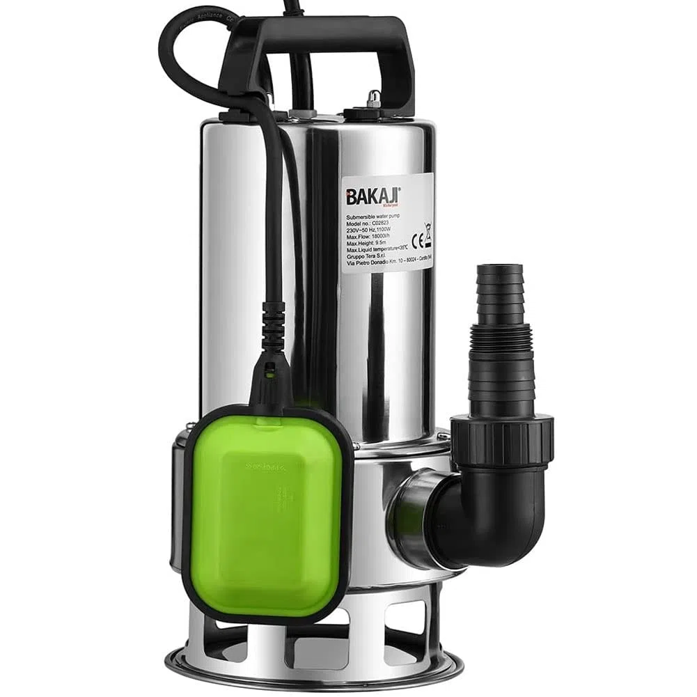 Bakaji Pompa Immersione Elettropompa Sommersa Acque Scure Sporche Potenza 1100W Portata 18000L/h Profondità Massima 9 Metri con Corpo Acciaio Fondo Piatto Maniglia per il Trasporto Cavo 10 metri