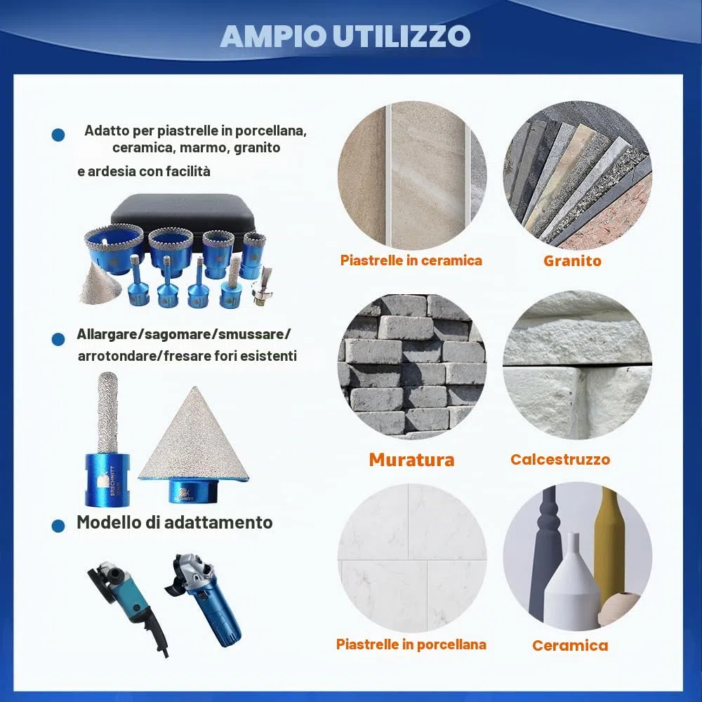 Punta per Trapano Diamantata Set - 6/6/8/25/35/50/68mm+10MM Versatile Fresa Diamantata+50mm Fresa Diamantato+Gambo Esagonale a M14 Filo per Porcellana Granito Piastrella Marmo Taglio a Secco