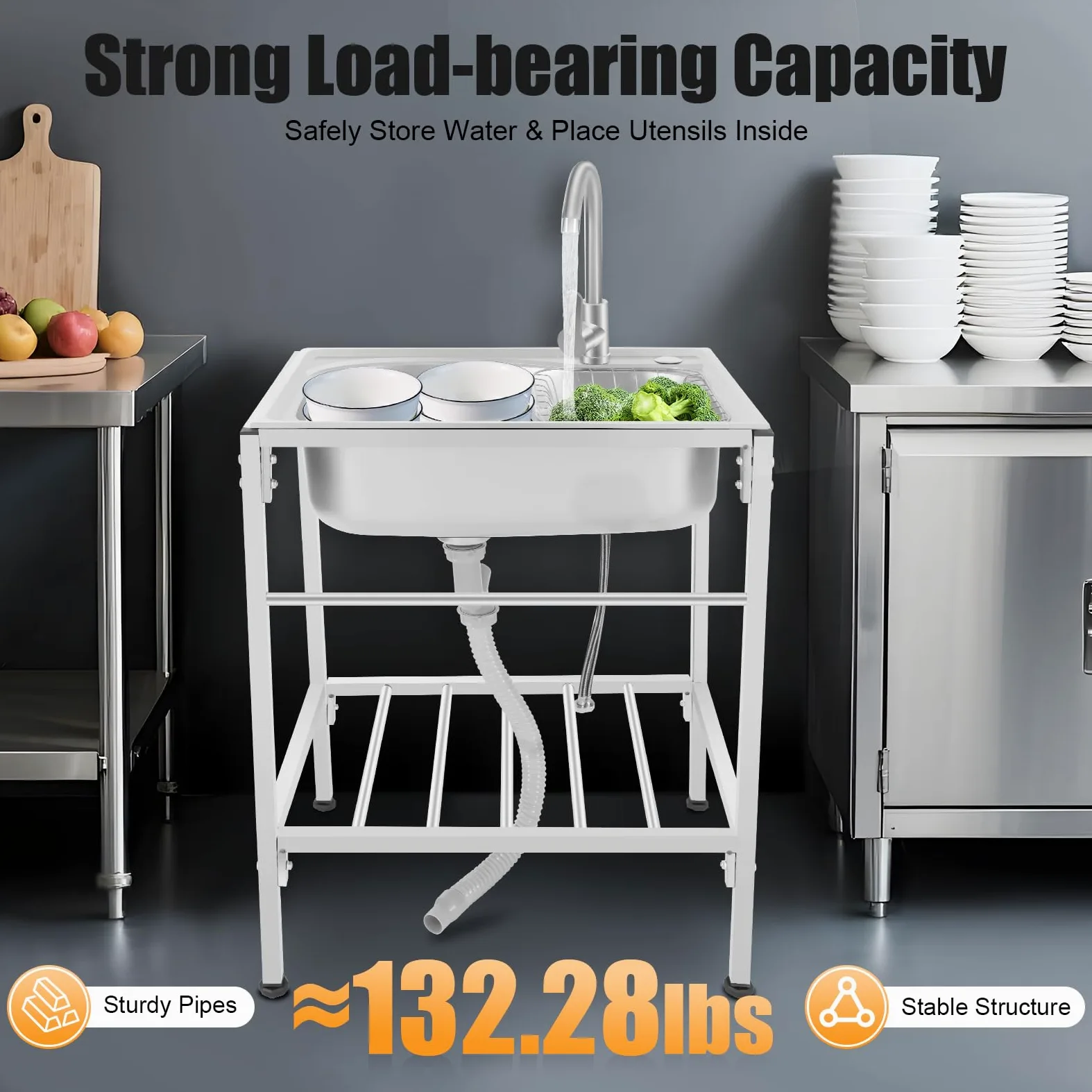 Lavandino da cucina, in acciaio inox, lavabo, multifunzione, 1 lavandino, ristorante, per esterni e campeggio