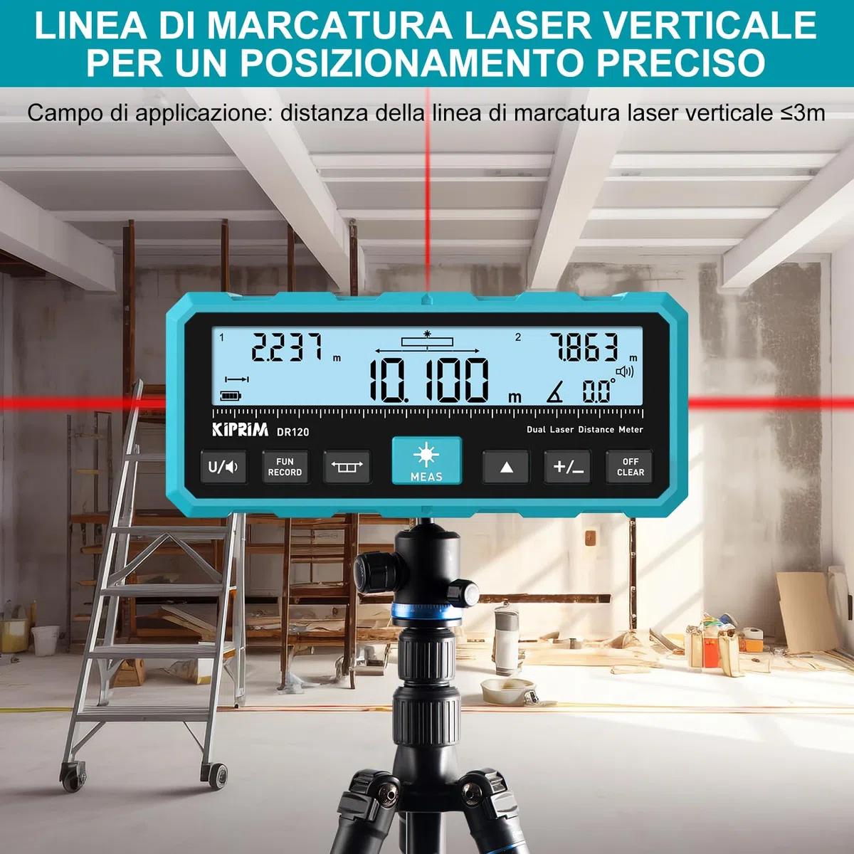 KIPRIM Telemetro Laser 120m, Doppio Raggio Bidirezionale, Linea Laser Verticale, Livella Elettronica, Ricaricabile USB-C, Unità M/FT/IN - DR120