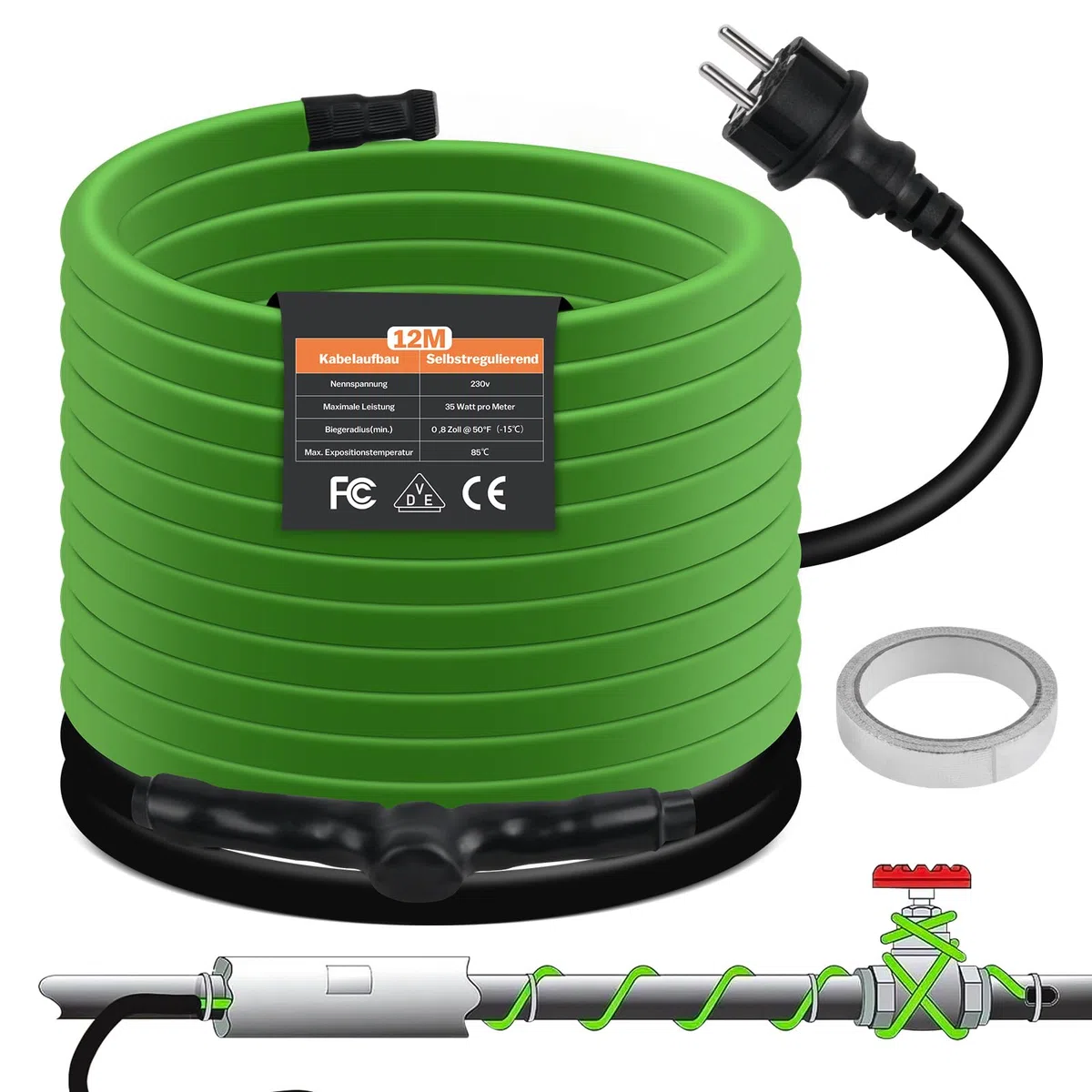 Cavo riscaldante autoregolante, 12 m, protezione antigelo con termostato integrato per la protezione dei tubi dell'acqua, ideale per piante, impermeabile con spina di protezione 35 W/m, 230