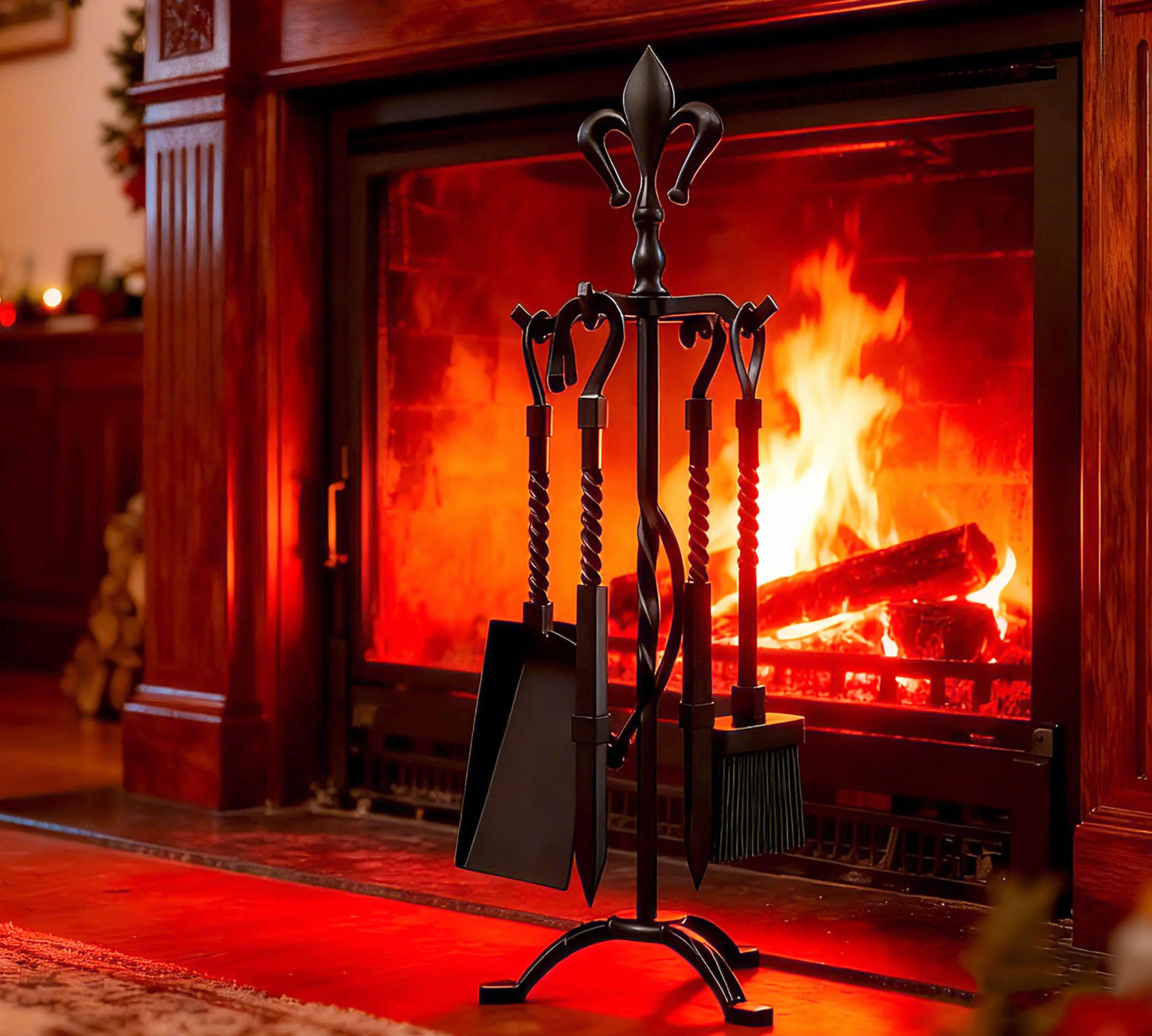 Kingson Set di 5 accessori per caminetto in ghisa, finitura nera, include attizzatoio, pinze, spazzola, pala e supporto, set di attrezzi per caminetti tradizionali, altezza 53 cm