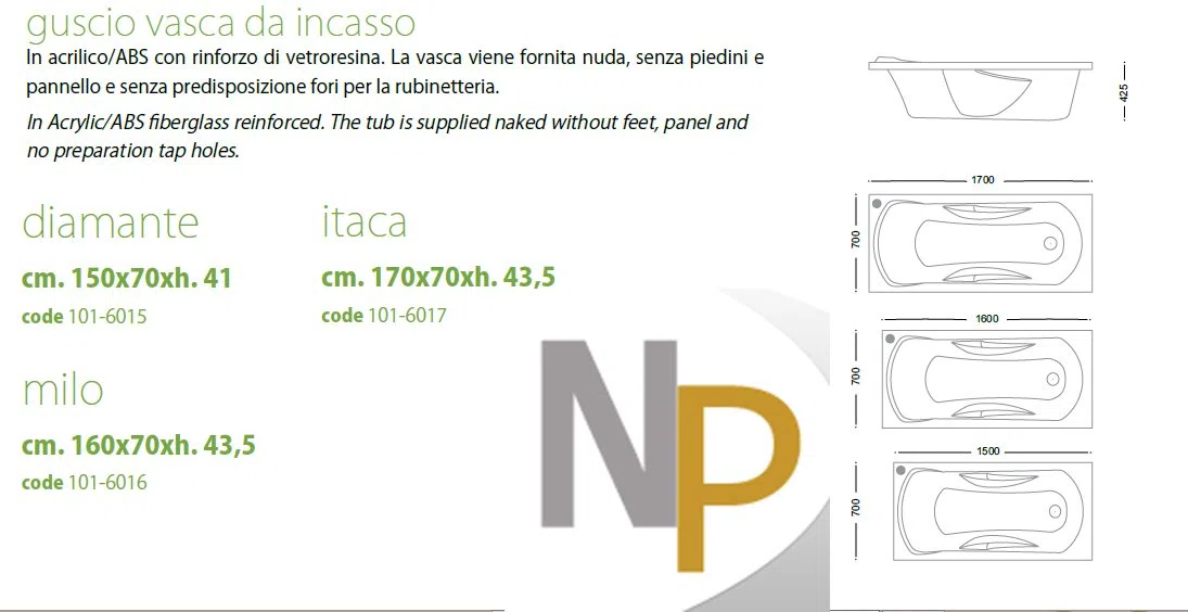 Gladh - guscio vasca rettangolare mod. itaca cm. 170 x 70 s/pannello