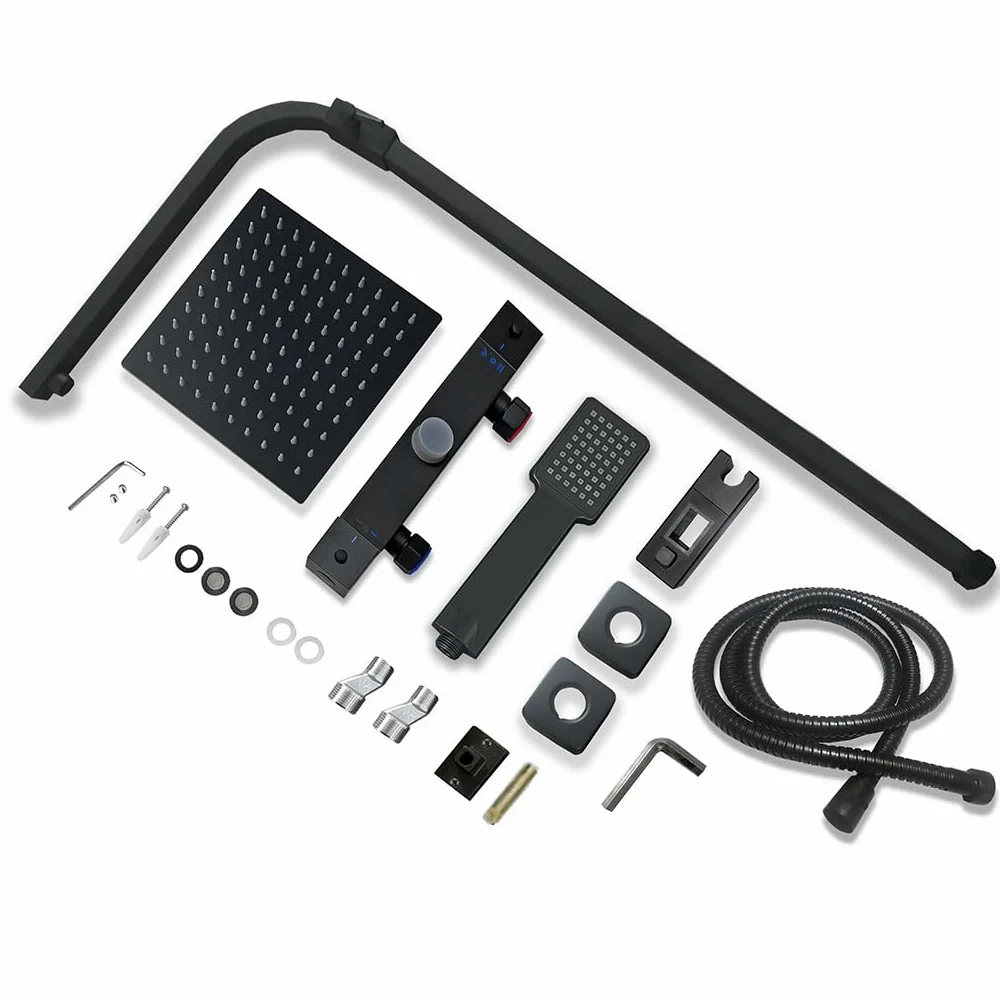 OCEAN ITALY Colonna Doccia con Soffione Acciaio Inox 20x20cm, Gruppo Doccia con Miscelatore Termostatico, Saliscendi Doccia Moderno Quadrato Regolabile 73-115cm, Nero Opaco