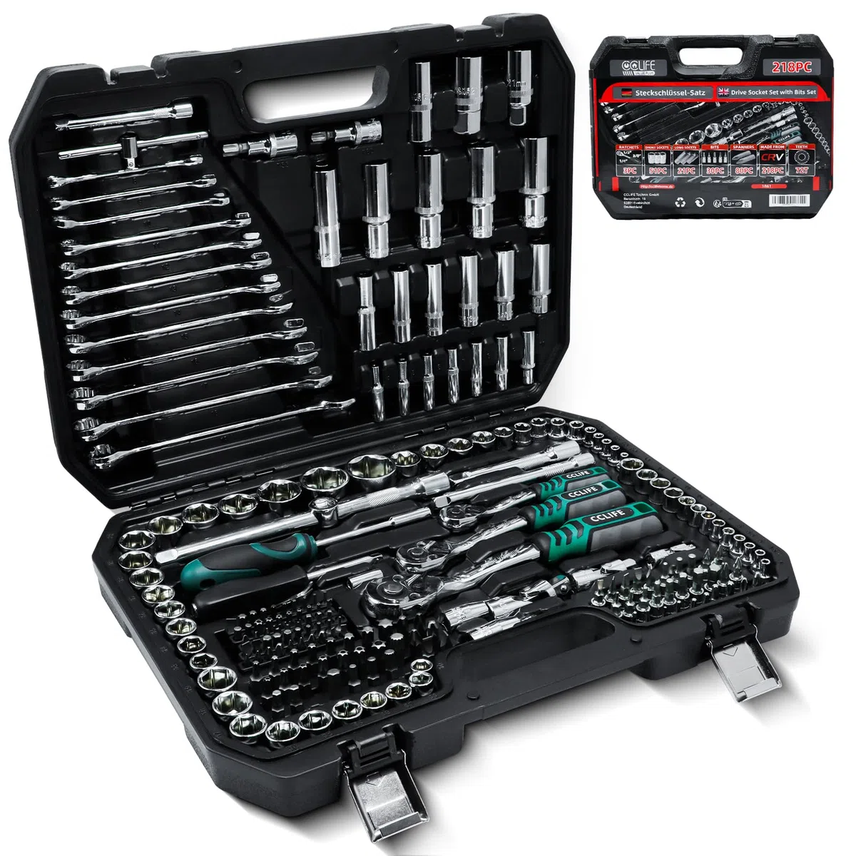 CCLIFE 218 Pezzi Set di Chiavi a Bussola Cr-V con Cricchetto 72 Denti, Bussole und Ed Inserti, Maniglia Girevole, Barra di Prolunga, Kit di Attrezzi Meccanici per Auto