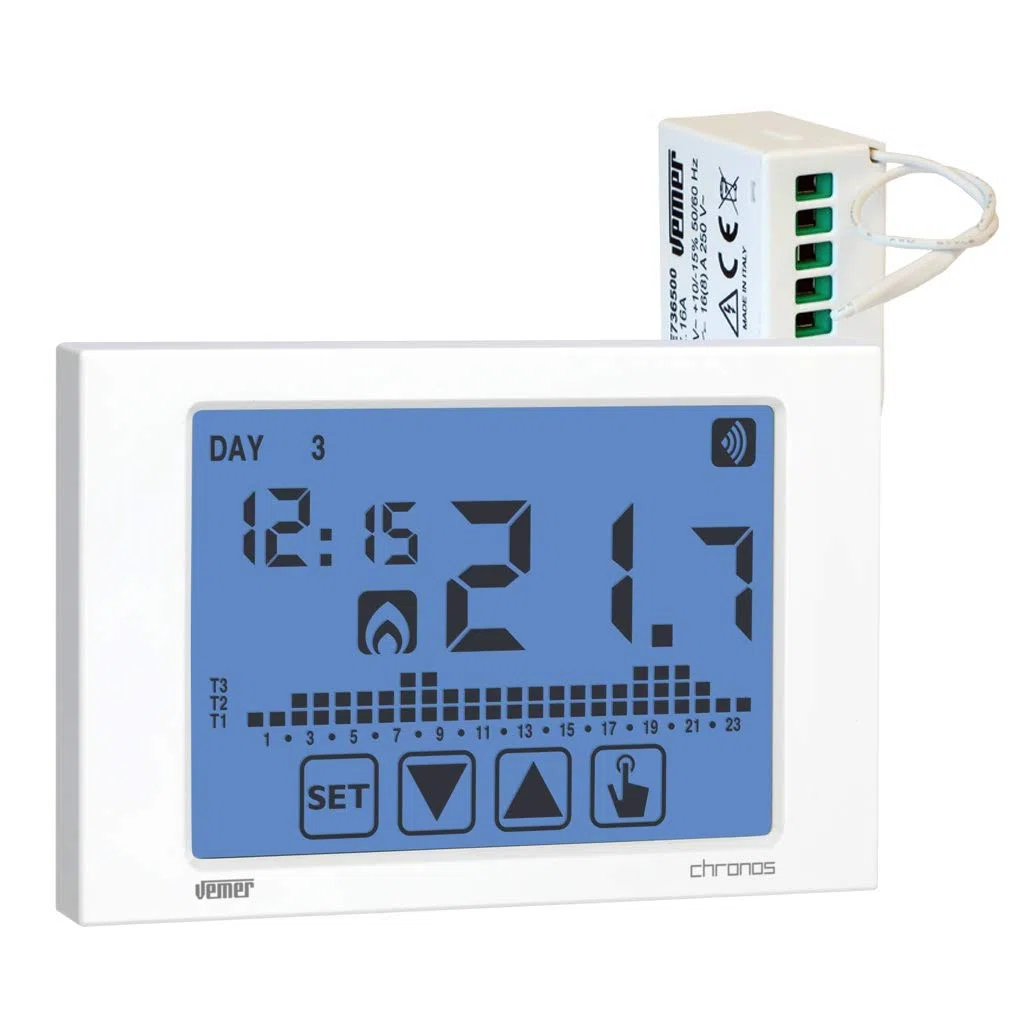 VEMER VE486700 SET CHRONOS RF - Set composto da 1 Cronotermostato Touch Screen da Parete a Batterie + 1 Attuatore Remoto RF, Bianco