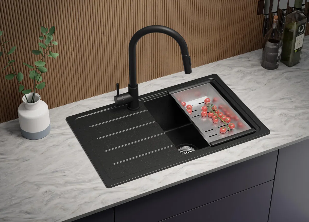 PRIMAGRAN Lavandino da Cucina Nero 70x44cm, Lavello in Granito a 1 vasca + Rubinetto 32x20cm + Set di accessori, Lavabo da Cucina Incasso al Mobile 45cm - Copenhagen Easy S045