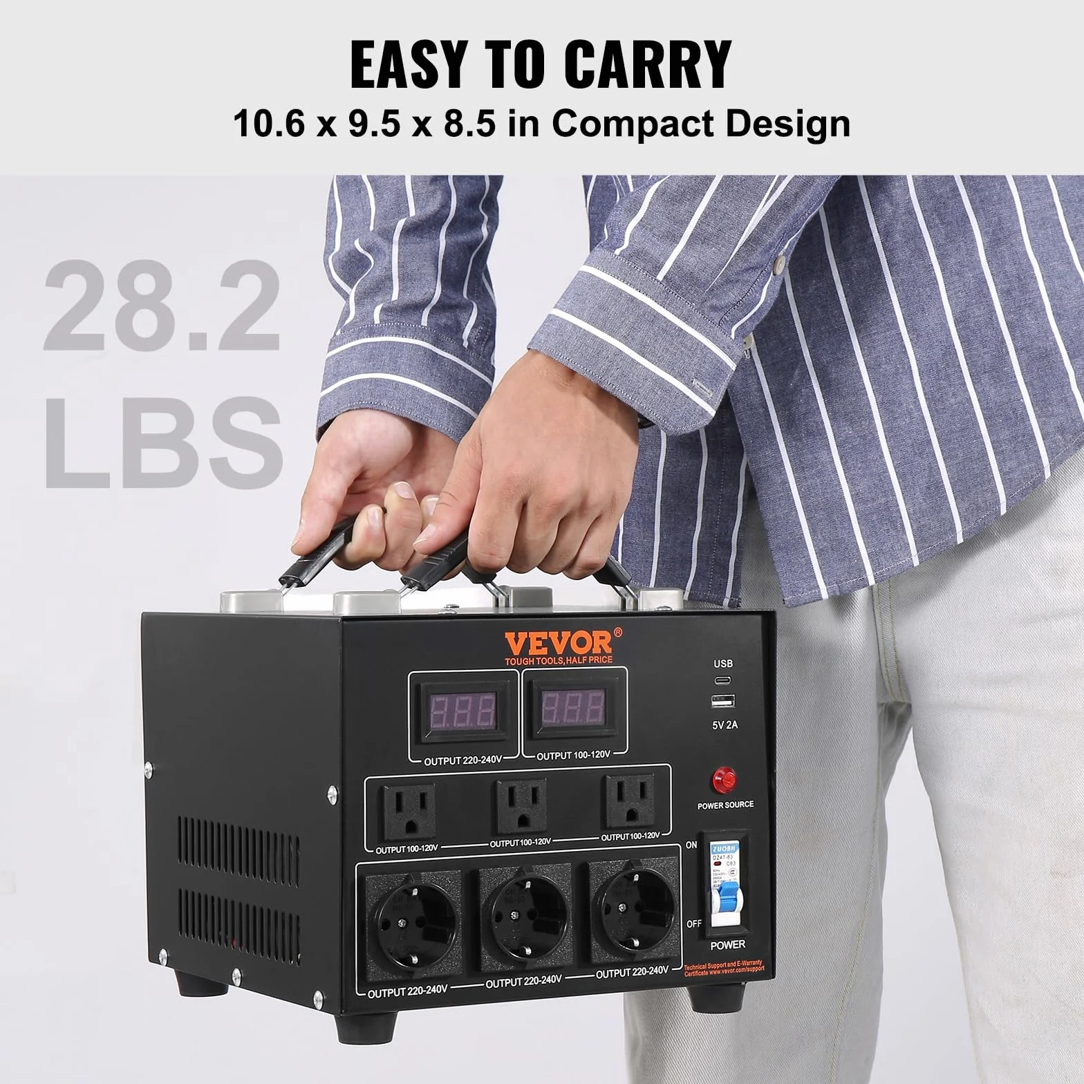 VEVOR Convertitore di Tensione Step Up/Down Portatile 110V-220V / 220V-110V Potenza da 5000VA, Trasformatore di Tensione 5000VA Portatile 270x240x215 mm 6 Spine, Convertitore di Tensione 5000VA USB 5V