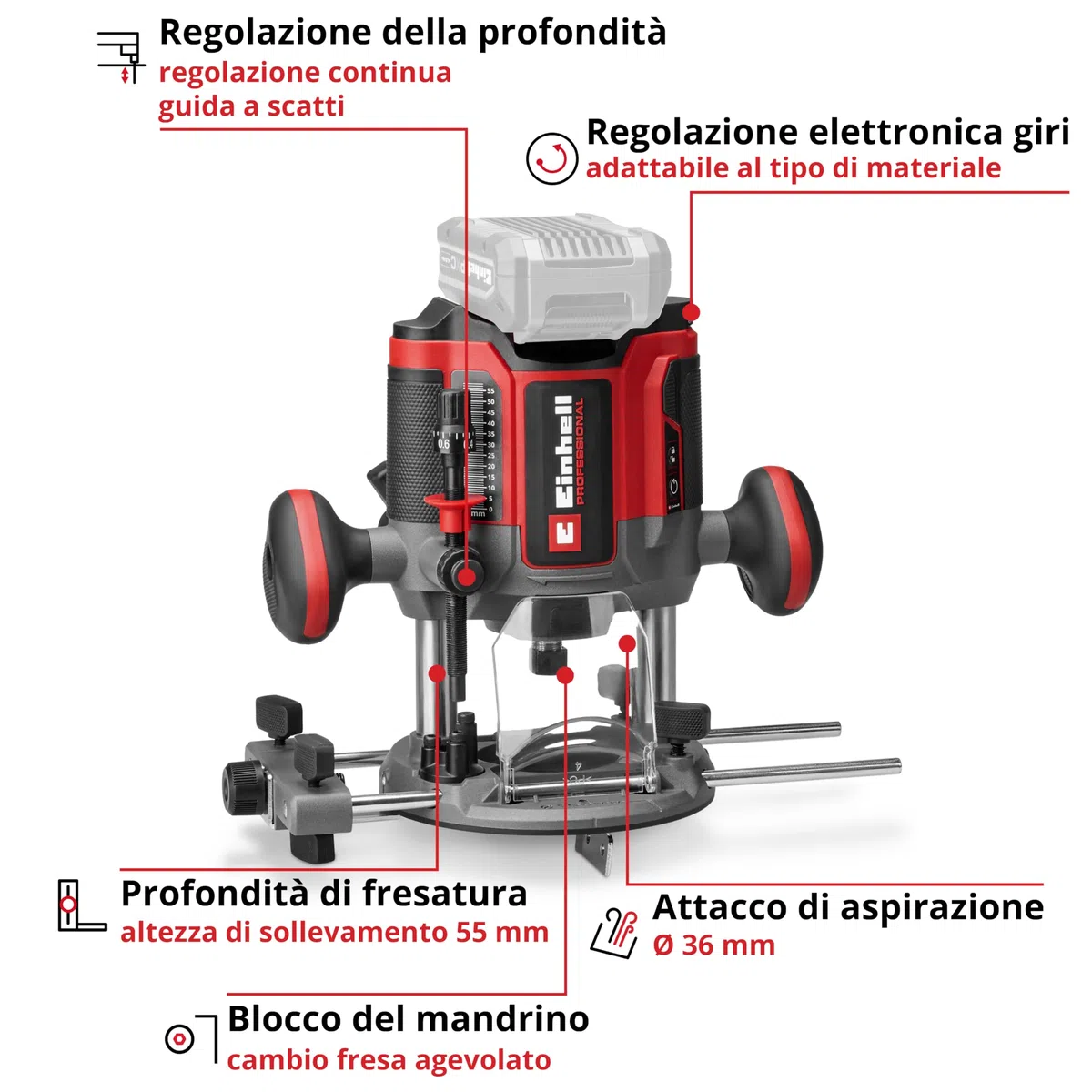 Fresatrice verticale Professional TP-RO 18/55 Li BL - Solo Power X-Change (18 V, batterie ioni di litio, alt. di sollev. 55 mm, Brushless, incl. guida parallela, senza batteria e senza caricabatteria)