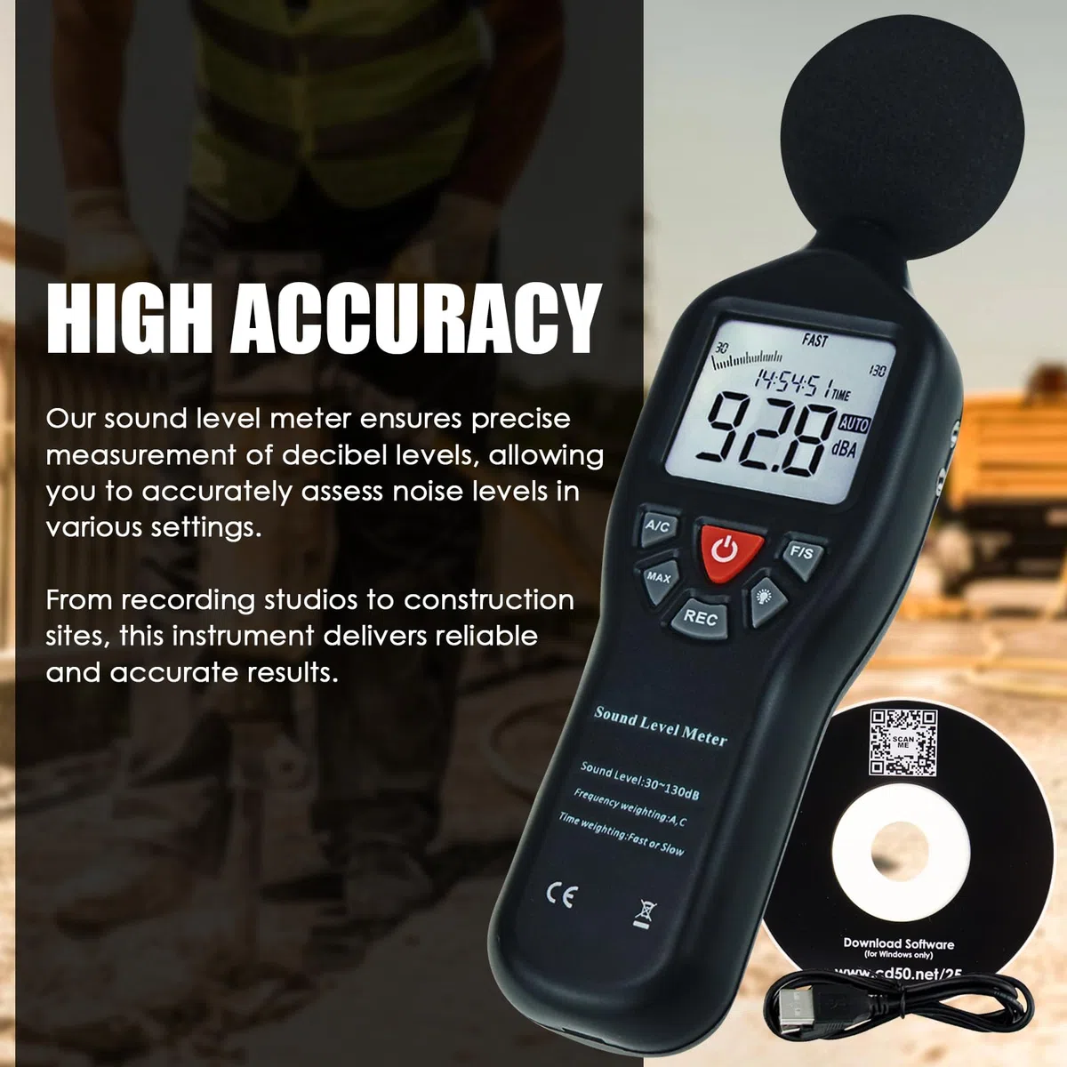 Fonometro professionale con data hold, logger e software CD - Monitor decibel ad alta precisione con retroilluminazione LCD, display MAX/MIN e intervallo di misurazione del rumore audio 30dB~130dB