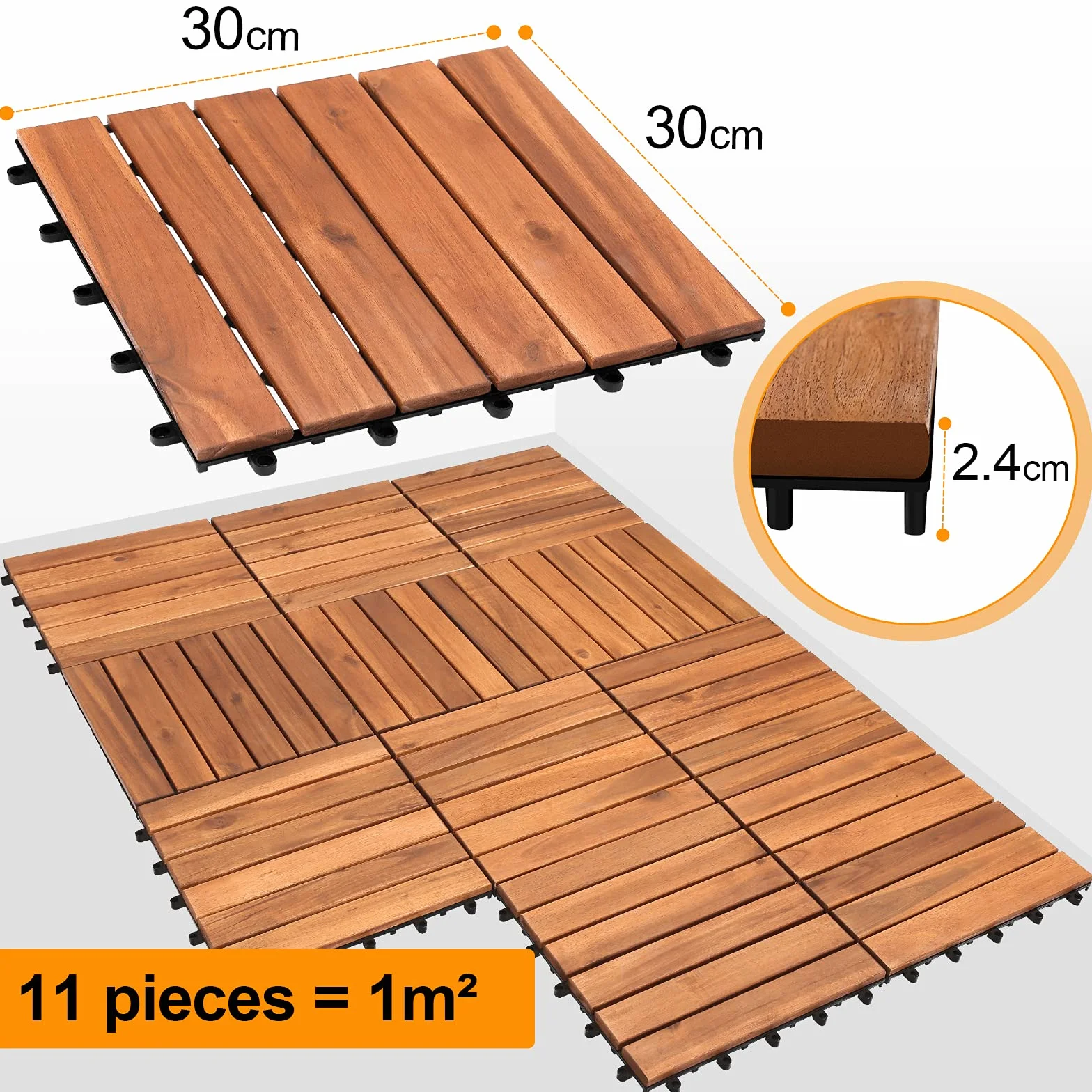 Eulenke Piastrelle in legno di acacia, 1 m², 11 piastrelle da giardino 30 x 30 cm, piastrelle a clic, 6 listelli per giardino, terrazza, balcone
