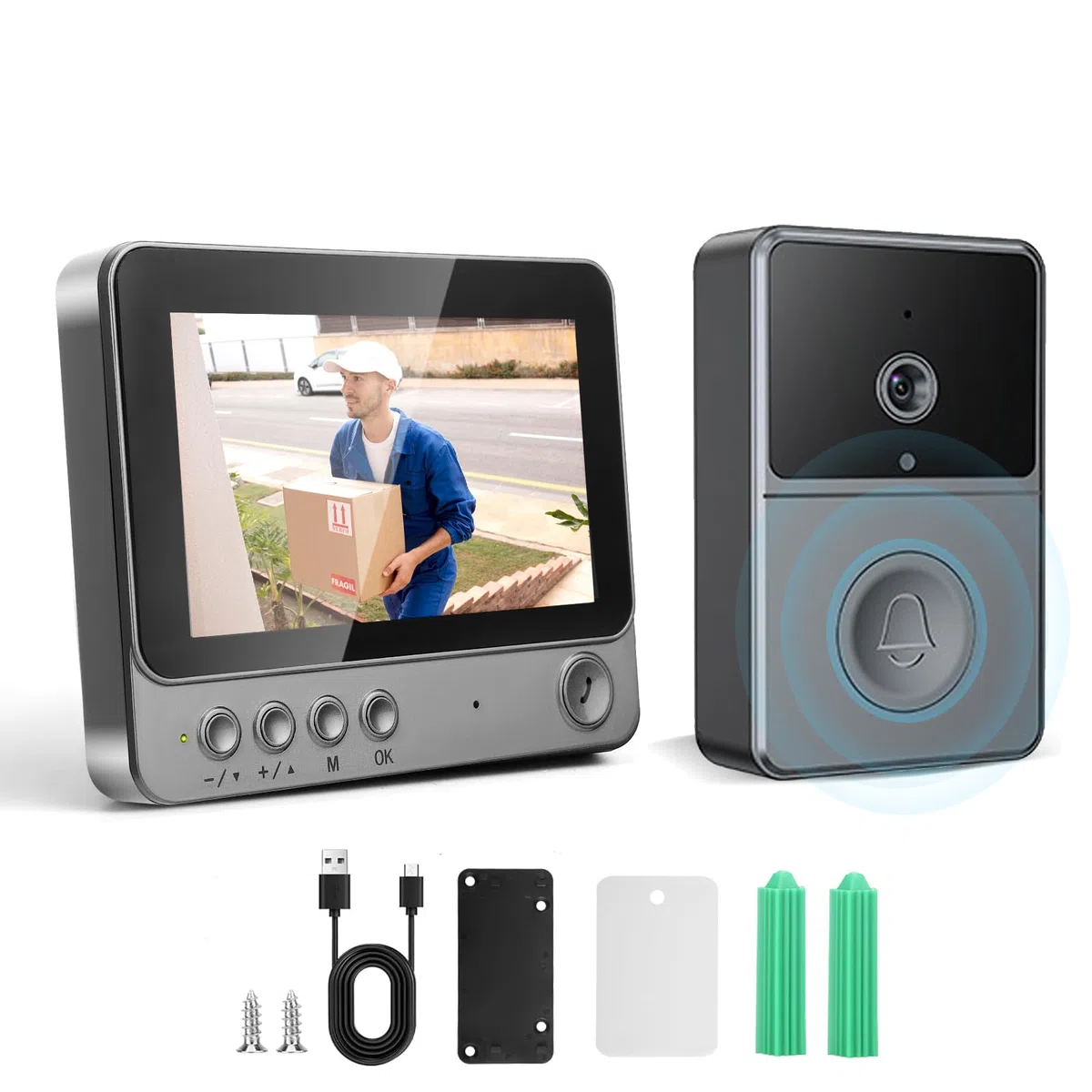 Campanello senza fili con fotocamera, IP65 esterno, impermeabile, 1080P HD schermo 4.3", 2.4G Campanello video senza fili, audio bidirezionale, visione notturna, resistente alle intemperie, supporta
