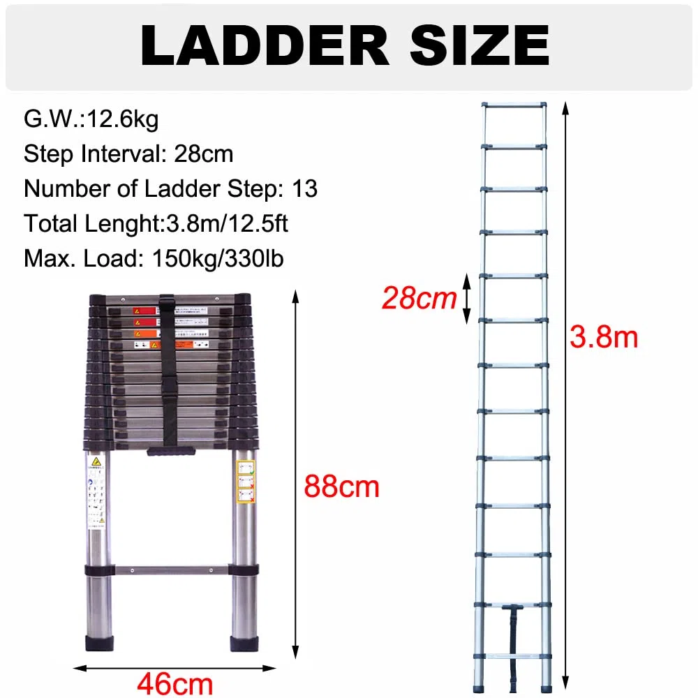 Scala telescopica in acciaio inox, 3,8 m, antiscivolo, allungabile, con 13 pioli, facile da trasportare, portata 150 kg