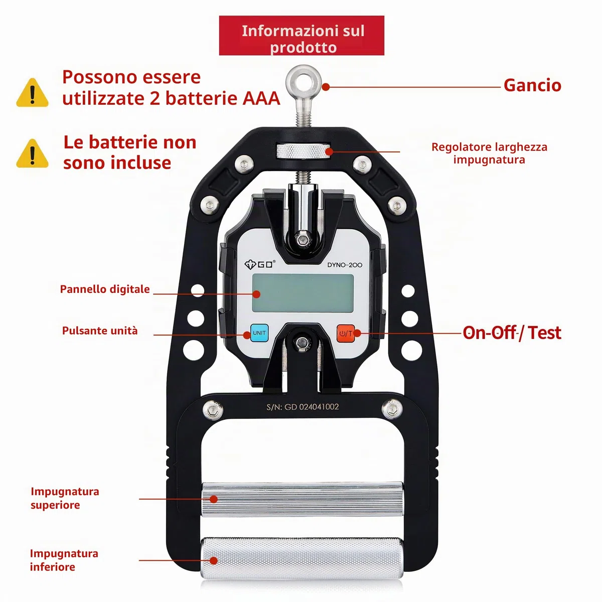 GD DYNO-150 - Dinamometro digitale digitale per misurare la forza della presa, tester elettronico per la forza della presa, per rafforzare la presa, 150 kg