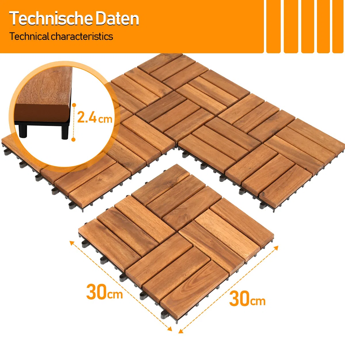 Piastrelle in legno 11 pezzi | 30 × 30 cm | 1 m² per piastrelle da pavimento | in legno di acacia | Pavimentazione per esterni e interni, balcone con sistema di drenaggio e sistema a clic