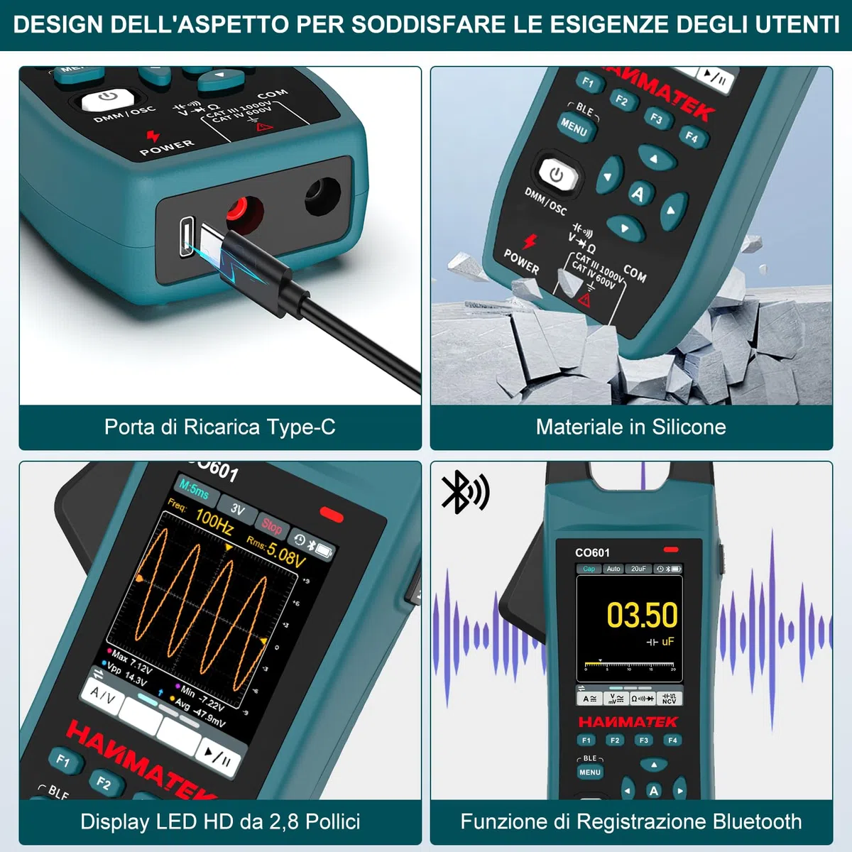 HANMATEK Multimetro con Oscilloscopio 2 in 1, Pinza Amperometrica Professionale, 5 MSa/s, Banda 1MHz, NCV, Bluetooth, Display TFT da 2,8", 600A/1000V, CO601