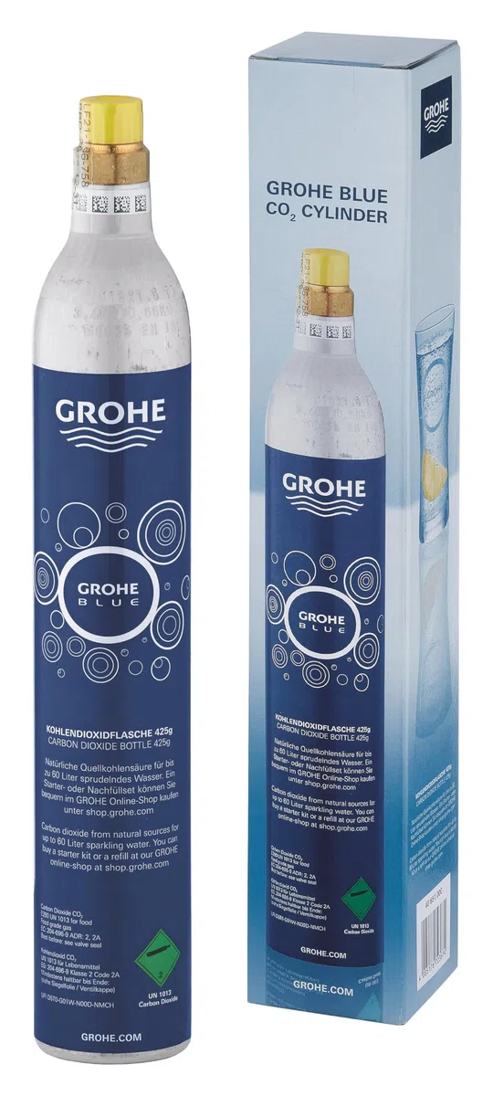 GROHE Blue Bombola CO2 da 425 g, Nuova Bombola con Sigillo, fino a 60 L Acqua Frizzante, per Blue Home e Fizz, 40651000