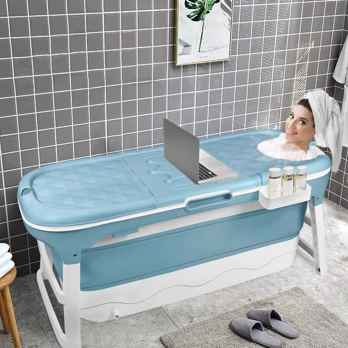 Froadp 128x60x53cm Vasca da Bagno Pieghevole con Rivestimento Sfoderabile per Adulti Bambini Doccia Vasche da Bagno Pieghevole Portatile Mobile con Corrimano per Interni Bagni Piccoli o Esterni