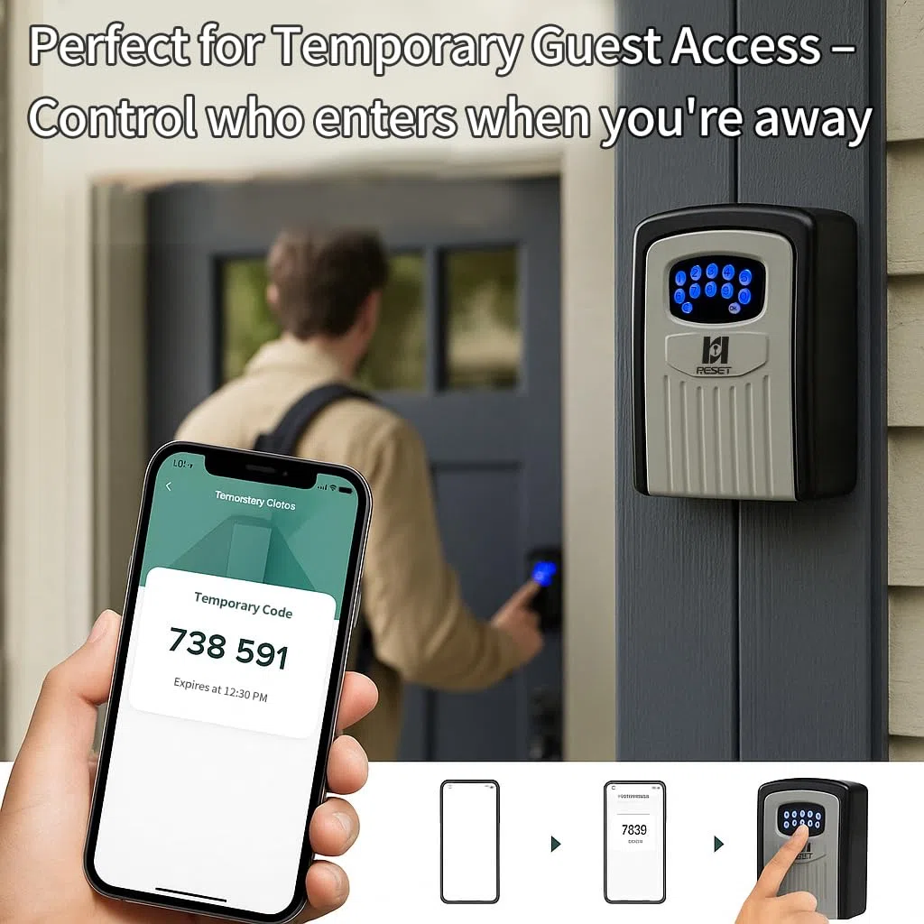 RESET-104 Cassetta portachiavi Bluetooth – resistente alle intemperie, IPX5 idrorepellente, struttura in metallo robusto, tastiera retroilluminata, codice preimpostato 6 cifre, modificabile 8–10