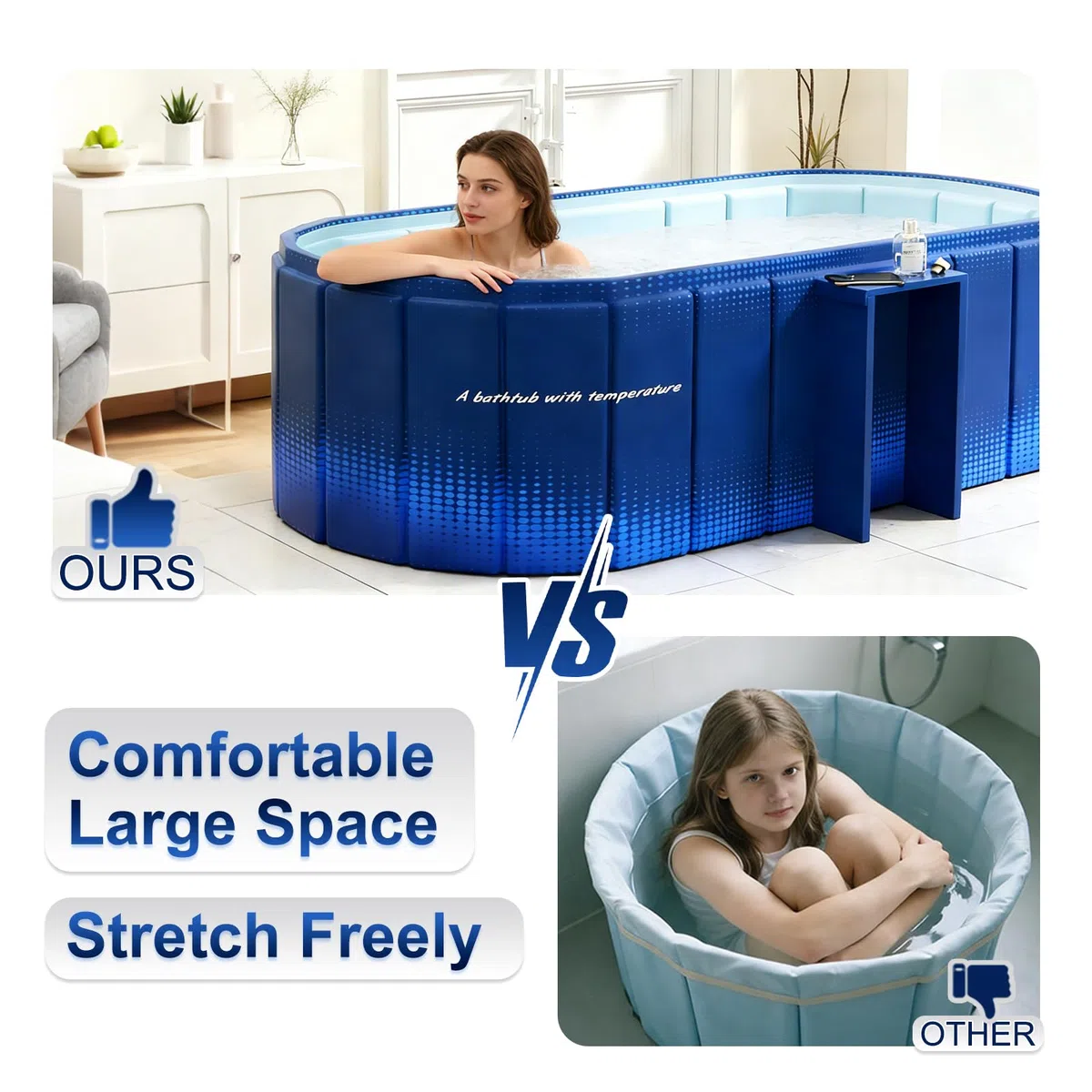 Vasca da bagno portatile da 150 cm con ripiano, vasca pieghevole per 2 persone, vasca da bagno pieghevole senza gonfiaggio per adulti, bagno di ghiaccio e vasca idromassaggio calda 2 in 1 per box