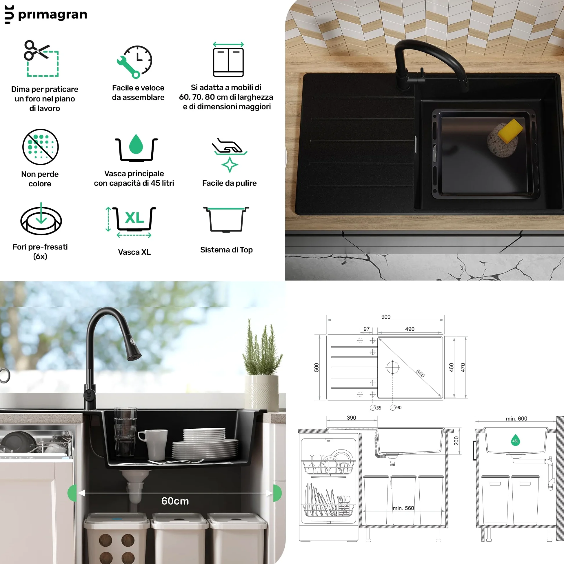 PRIMAGRAN Lavandino da Cucina Tutto Bianco 90x50cm, Lavello in Granito a 1 vasca + Rubinetto 40x20cm + Set di accessori, Lavabo da Cucina Incasso al Mobile 60cm - Copenhagen Top S680
