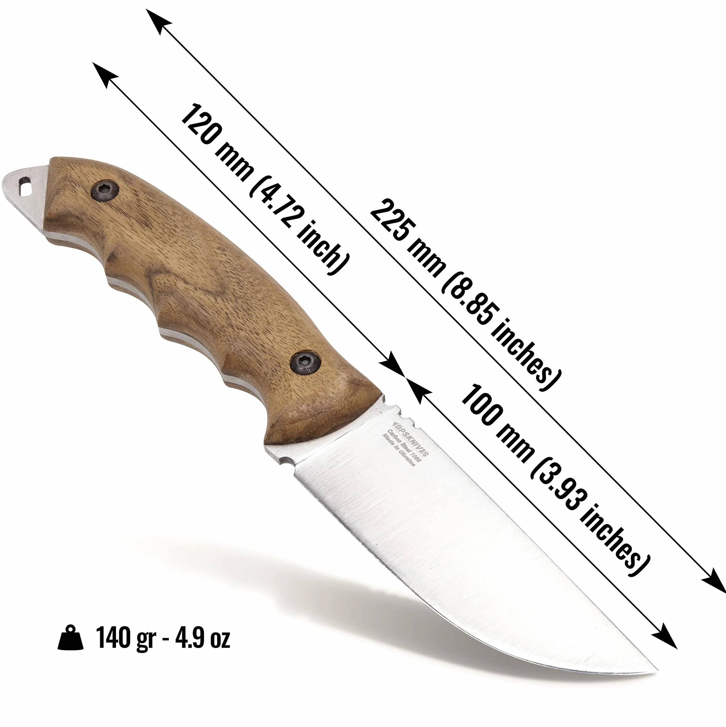 BPSKNIVES HK4 CSH - Coltello in acciaio al carbonio a lama fissa - Coltello da campeggio sopravvivenza campo artigianali con manico in legno e Full-Tang con fodero in cuoio