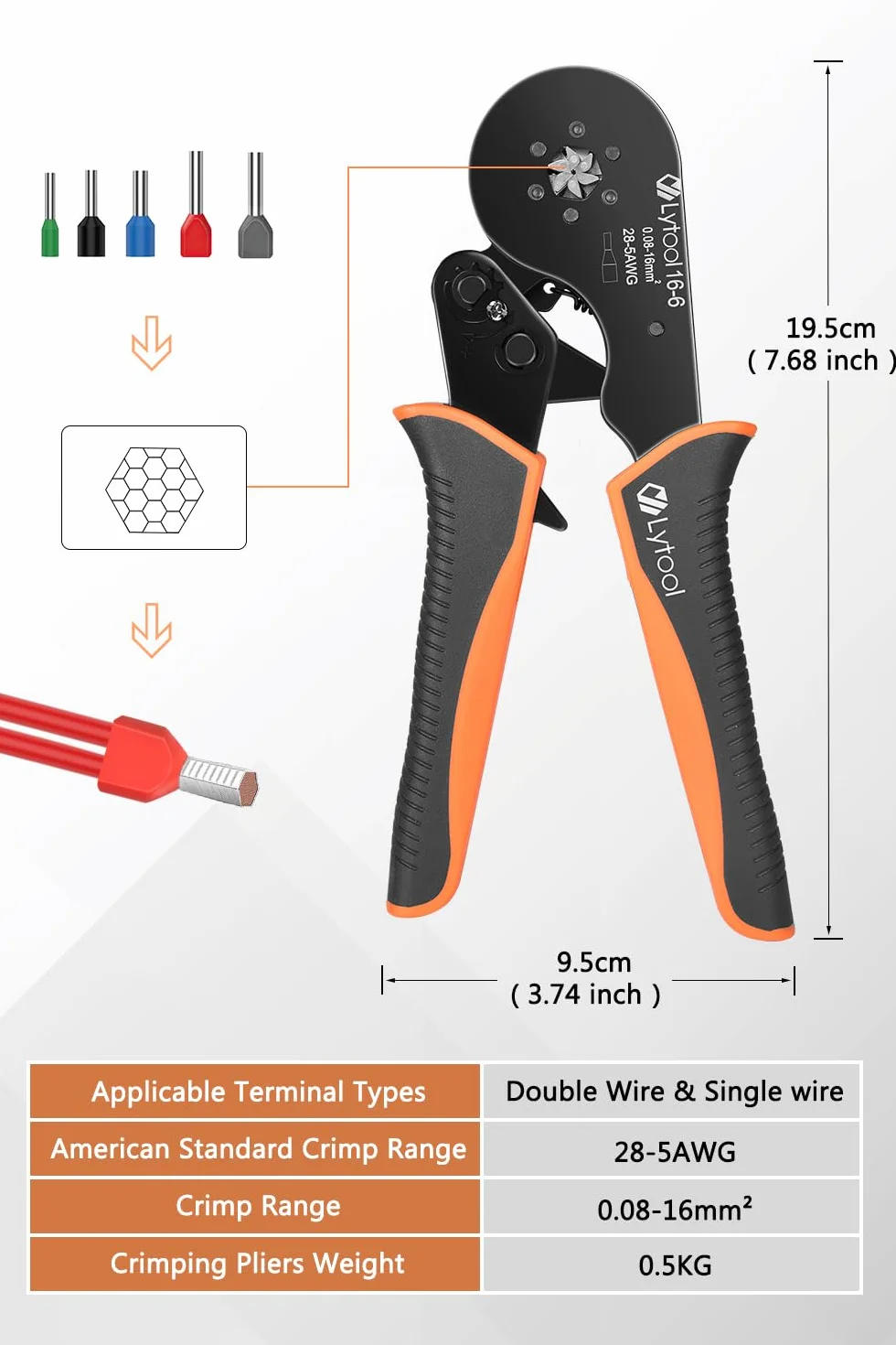 Pinza Crimpatrice Esagonale 0.08-16 mm²,Lytool 1200Pcs Puntalini Doppi Elettrici Pinza Crimpatrice Capicorda a Doppio Filo,Crimpatrice Capicorda Elettrica per Cavo Elettrici,Manutenzione del Elettrico