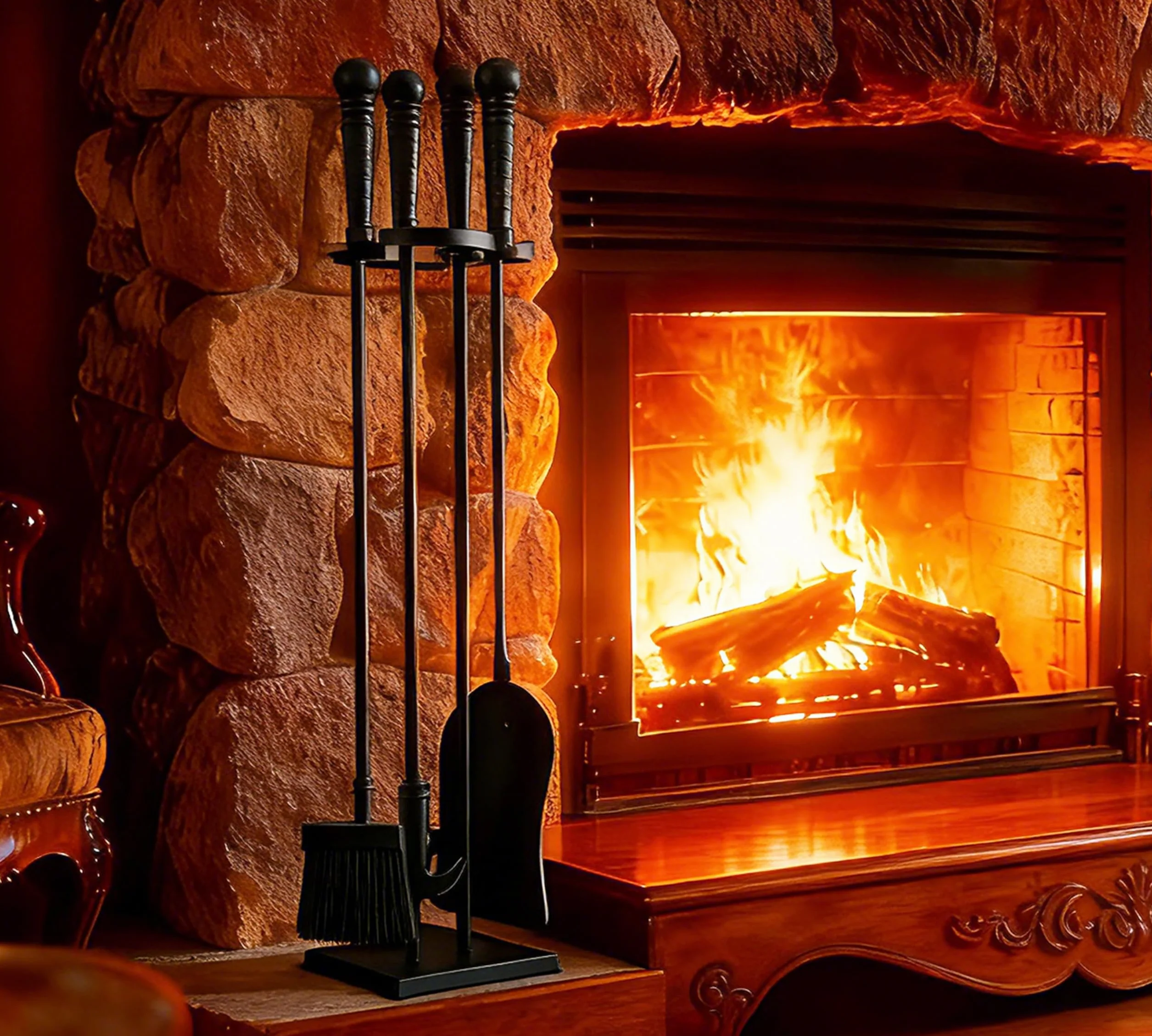 Set di accessori per caminetto Kingson – 3 pezzi, strumenti neri con rivestimento in polvere, manici e supporto in ghisa – pala, attizzatoio, spazzola – strumenti da 55,5 cm, altezza complessiva 61 cm