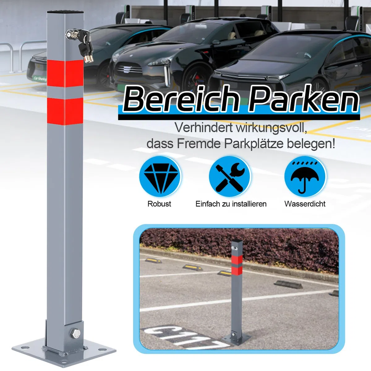 Eulenke 2X dissuasore parcheggio, pieghevole Parcheggio Barriera, Barriera Parcheggio con chiavi e strisce riflettenti, Facile da Installare blocco parcheggio, Palo Dissuasore Anti Altezza 67cm