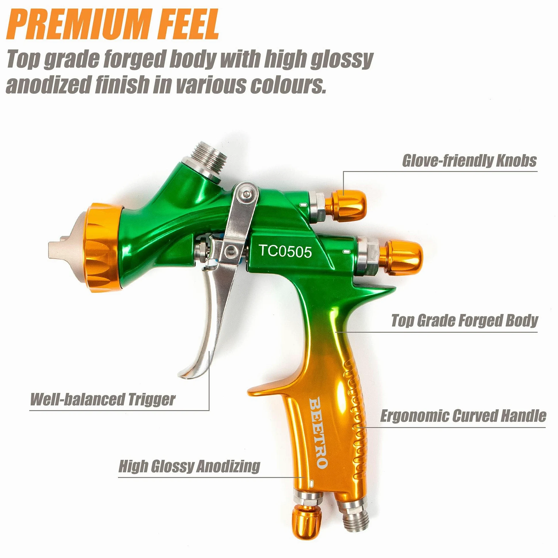 BEETRO HVLP Pistola a Spruzzo ad Aria Compressa Professionale, Ugello da 280-320 mm con Ugello Largo da 1,3/1,4 mm, Capacità di 600 ml, 14 CFM, 29-32 psi