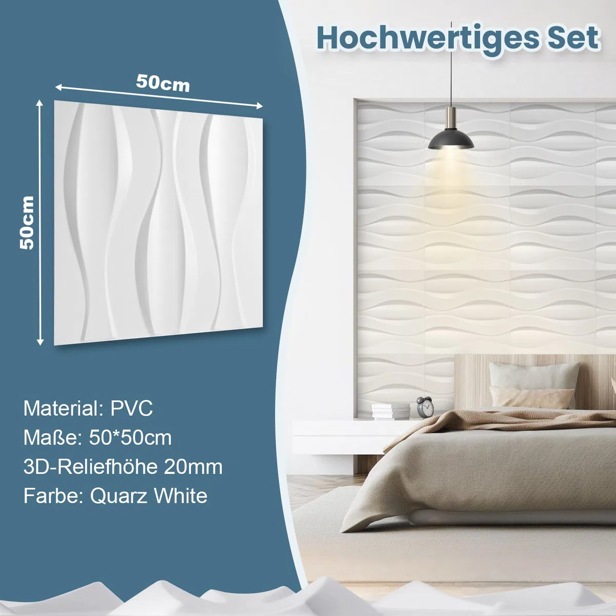 Pannelli da parete 3D, 48 pezzi, 50 x 50 cm (12 m²), 3D, aspetto moderno, pannelli decorativi da parete in PVC, resistenti all'acqua, al calore, bianco opaco