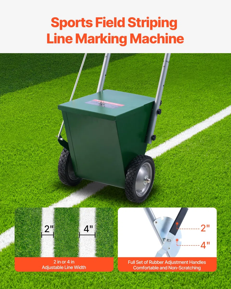 VEVOR Segnalinee a Secco per Campi da Gioco, 2 Ruote, Linee 50-100 mm, Segnalinee Regolabili, con Maniglia di Regolazione in Gomma, Capacità Polvere 11,3 kg, per Baseball Infield, Verde