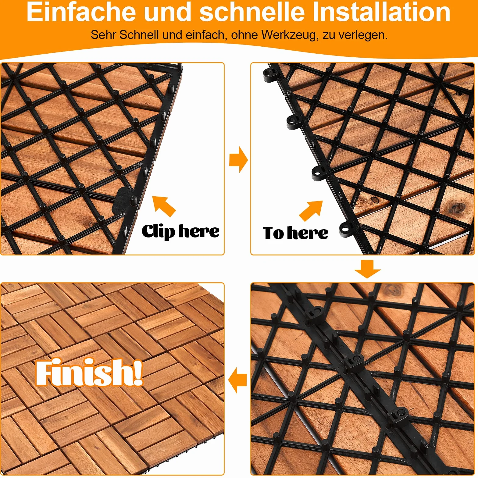 Piastrelle in legno 11 pezzi | 30 × 30 cm | 1 m² per piastrelle da pavimento | in legno di acacia | Pavimentazione per esterni e interni, balcone con sistema di drenaggio e sistema a clic