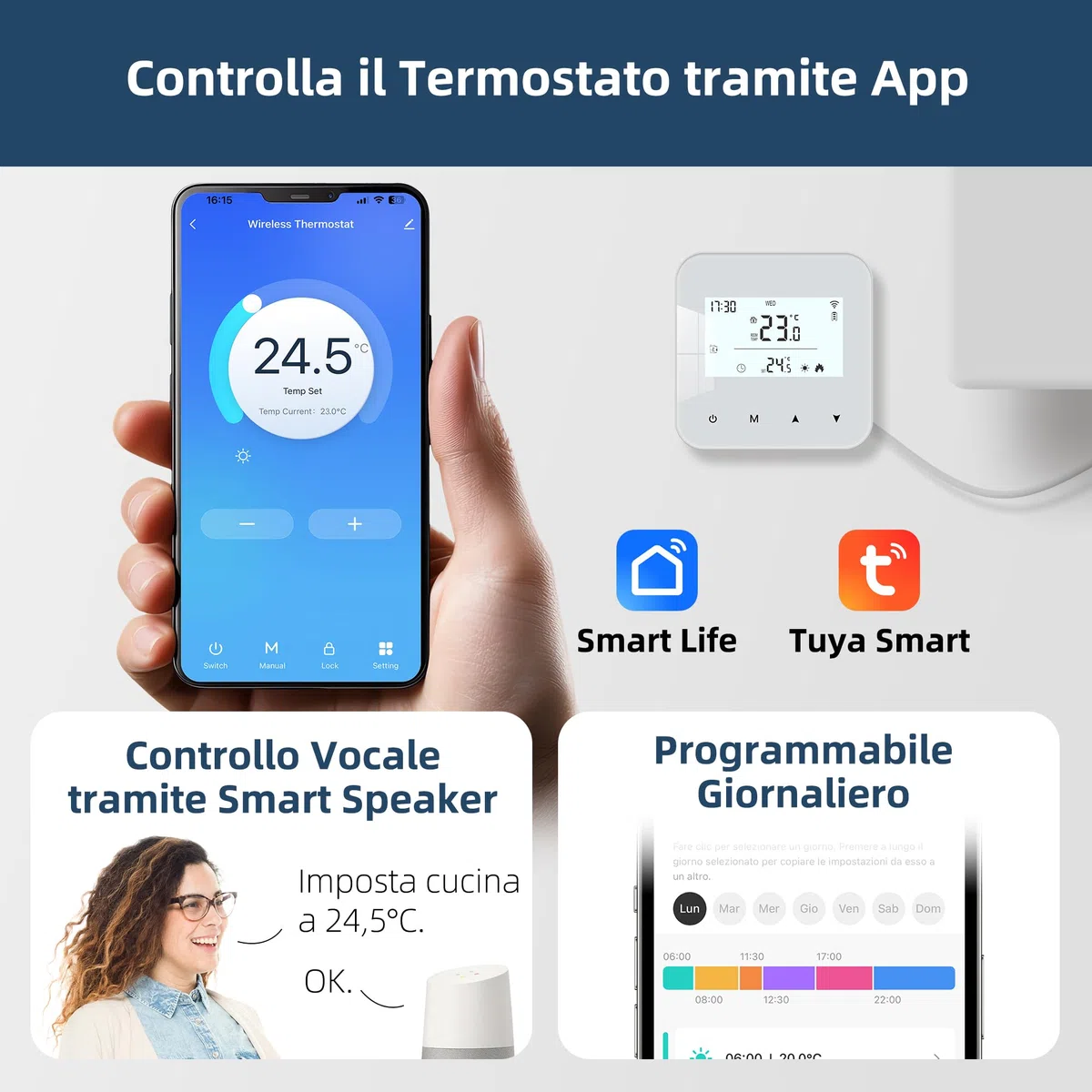 Termostato WiFi alimentato a batteria, termostato intelligente Tuya programmabile, compatibile con il controllo vocale Alexa e Google Assistant, l'app può condividere i dispositivi, bianco
