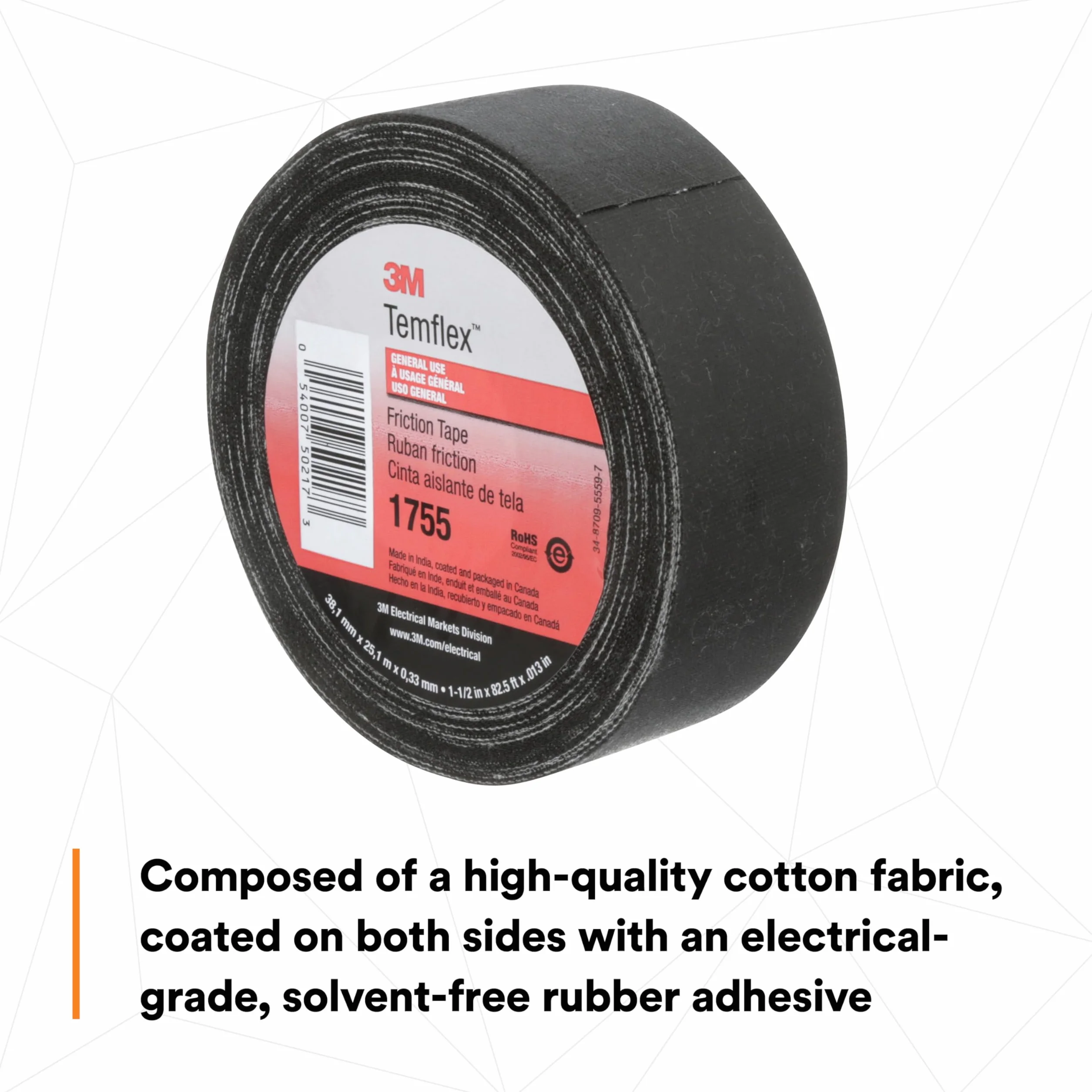3M Temflex Cotton Friction Tape 1755, Black, 1-1/2" Width, 82-1/2 Foot Length