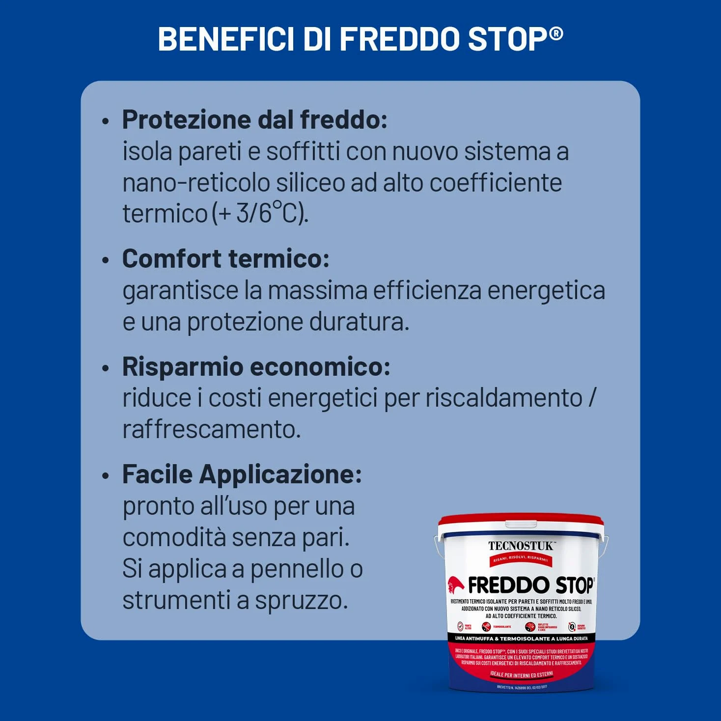 TECNOSTUK Freddo Stop 2,5 L. – Rivestimento Termico Isolante con Nano-Reticolo Siliceo – Barriera Contro il Freddo per Pareti e Soffitti – Pronto all’Uso, Classe A+, Brevetto Italiano