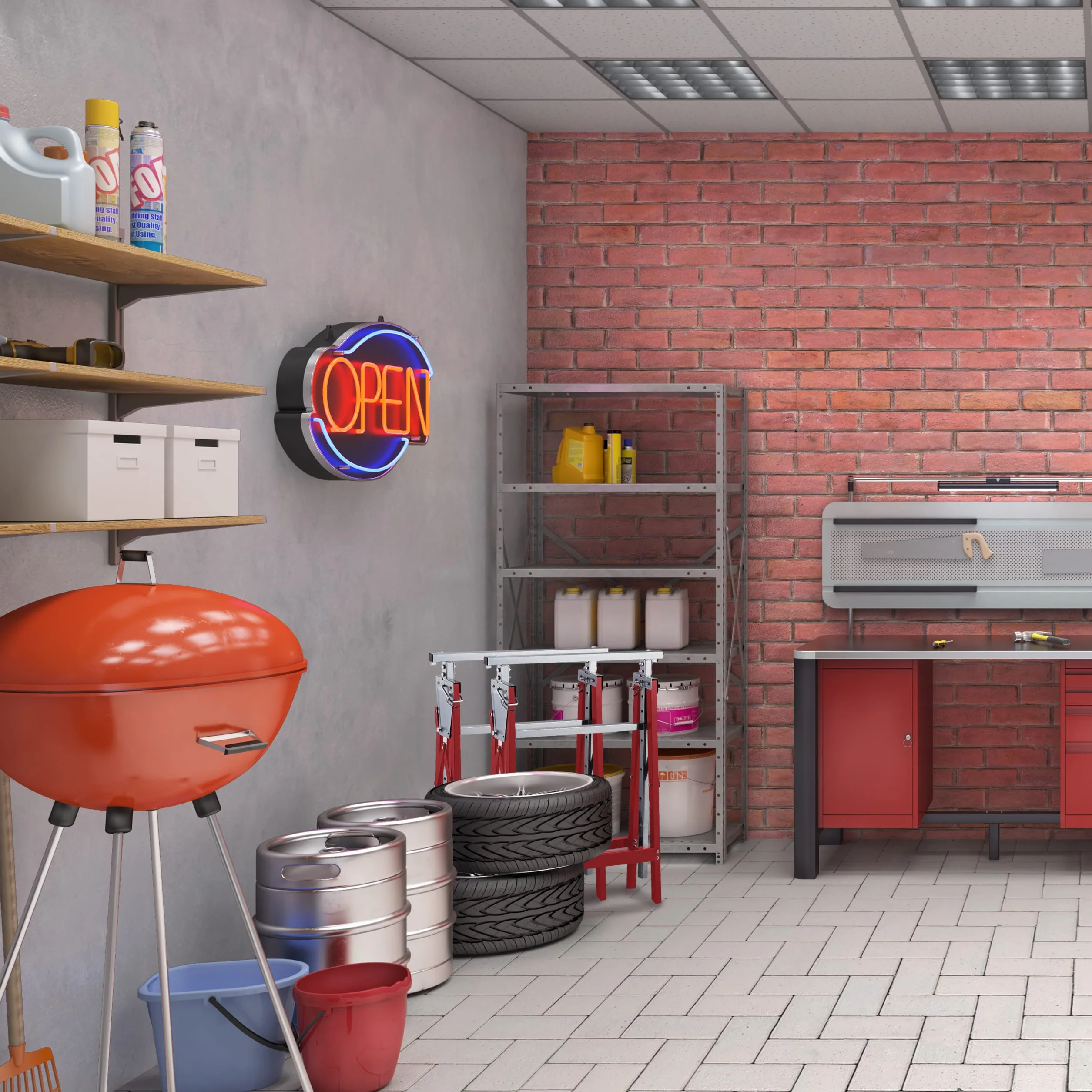 Relaxdays Set da 2 Cavalletti da Lavoro, 7 Altezze, Carico Max. 200kg, Pieghevoli, da Officina, Acciaio, Rosso Argentato