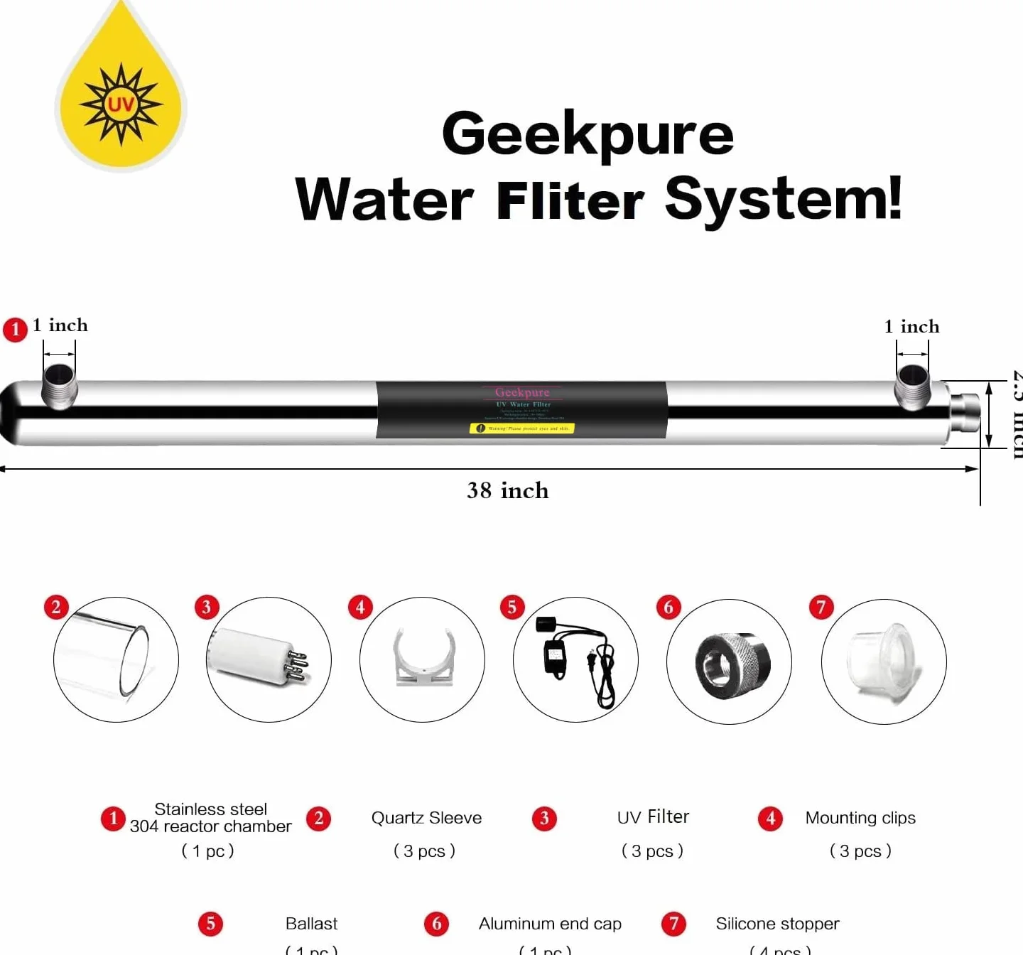 Geekpure Sistema di filtraggio dell'acqua per tutta la casa - Purificatore d'acqua UV da 55 W con 3 filtri UV + 3 manicotti al quarzo