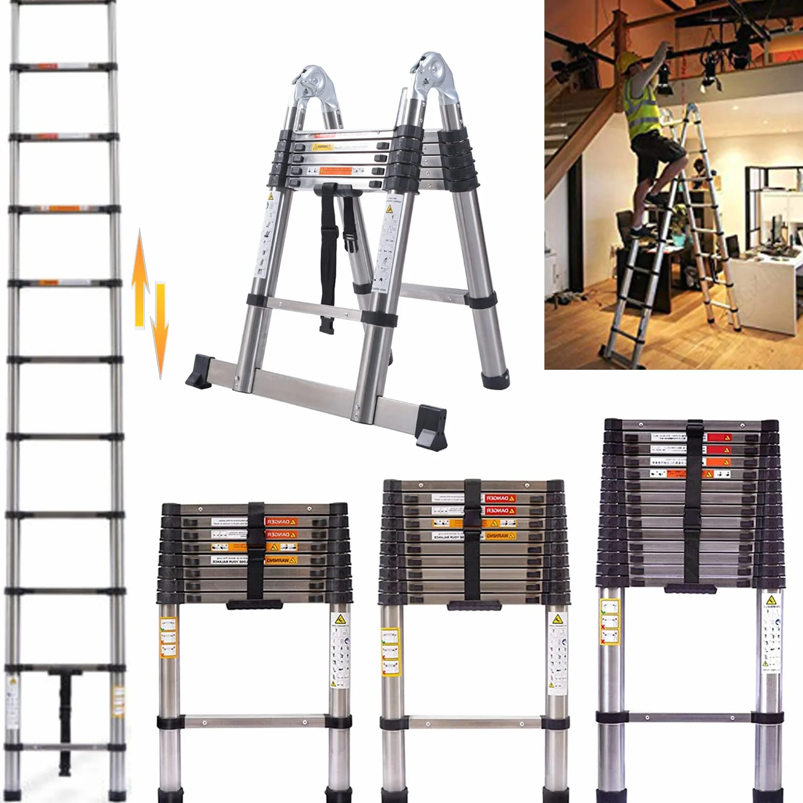 Scala telescopica con stabilizzatore, 5 m (2,5 m + 2,5 m), scala pieghevole ad A, in acciaio inox di alta qualità, scala allungabile, scala multiuso, portata 150 kg