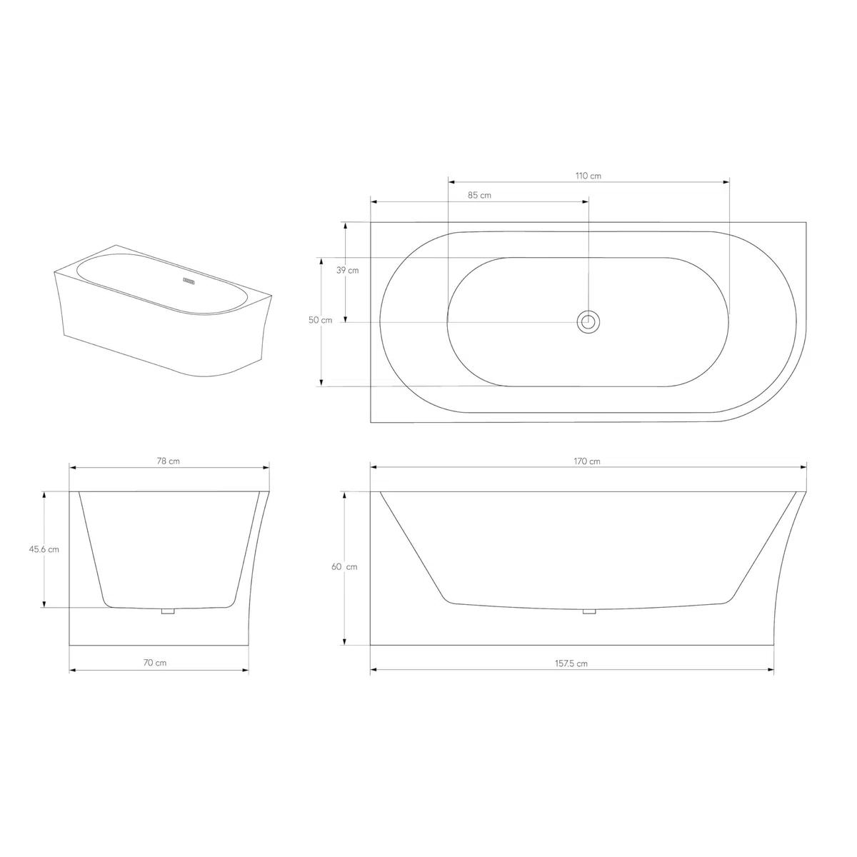 Vasca da bagno freestanding NOVA CORNER - bianco - installazione a sinistra - 170 x 78 cm - Senza rubinetteria, Sistema drenaggio:Senza sistema di drennaggio, Bianco lucido